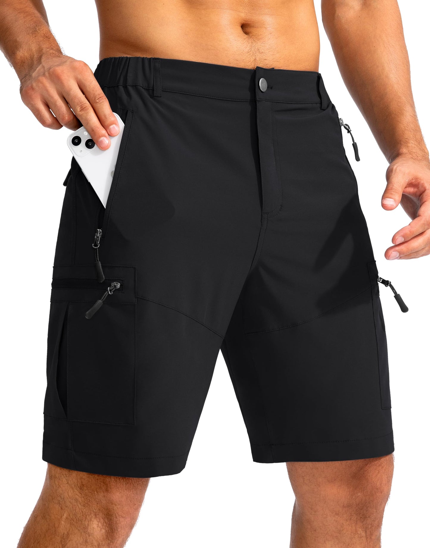 Pudolla Men's Hiking Cargo Shorts 9" Lightweight Outdoor Work Shorts for Men Travel Golf Camping Casual with 5 Zipper Pockets(Black Large)