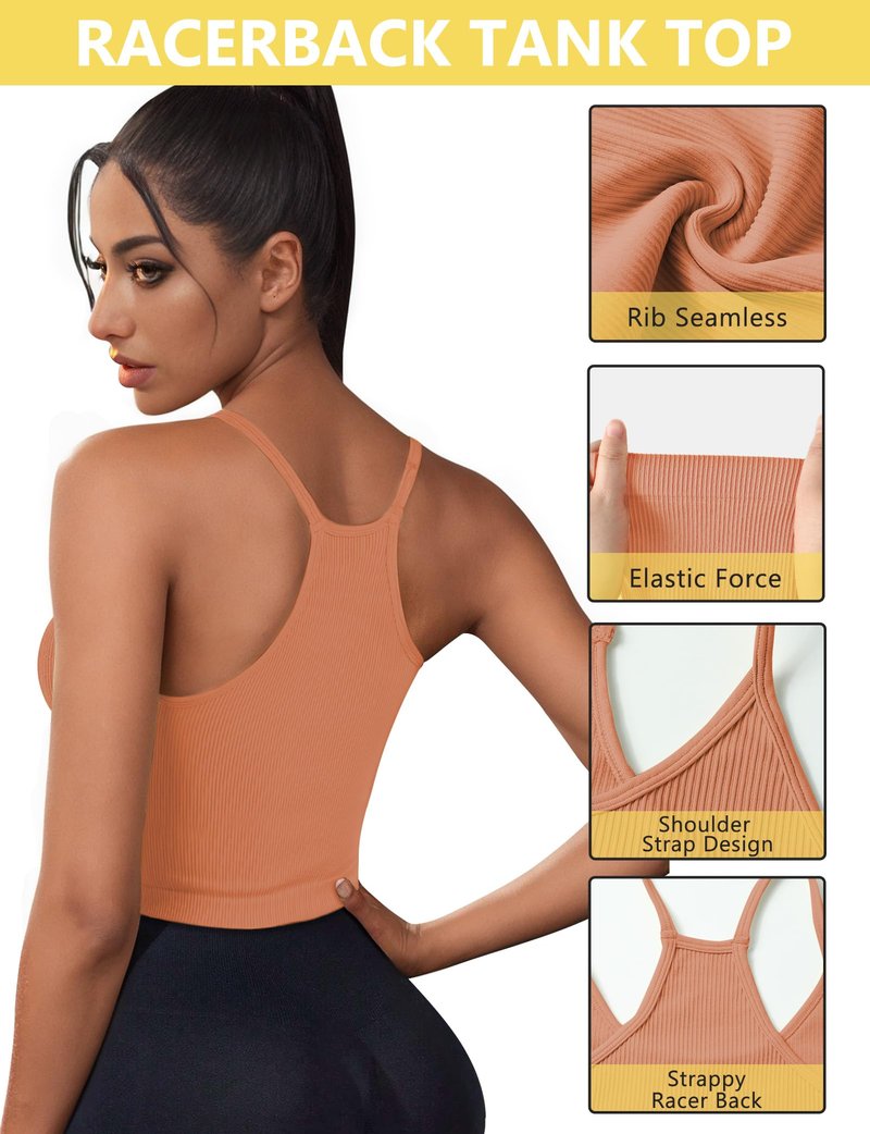 Ribbed Tank Top for Women 2025, Seamless Racerback Workout Tops, Basic Sports Camisole Tops, Crop Tops for Yoga Sports Going Out Orange S (Long Crop)