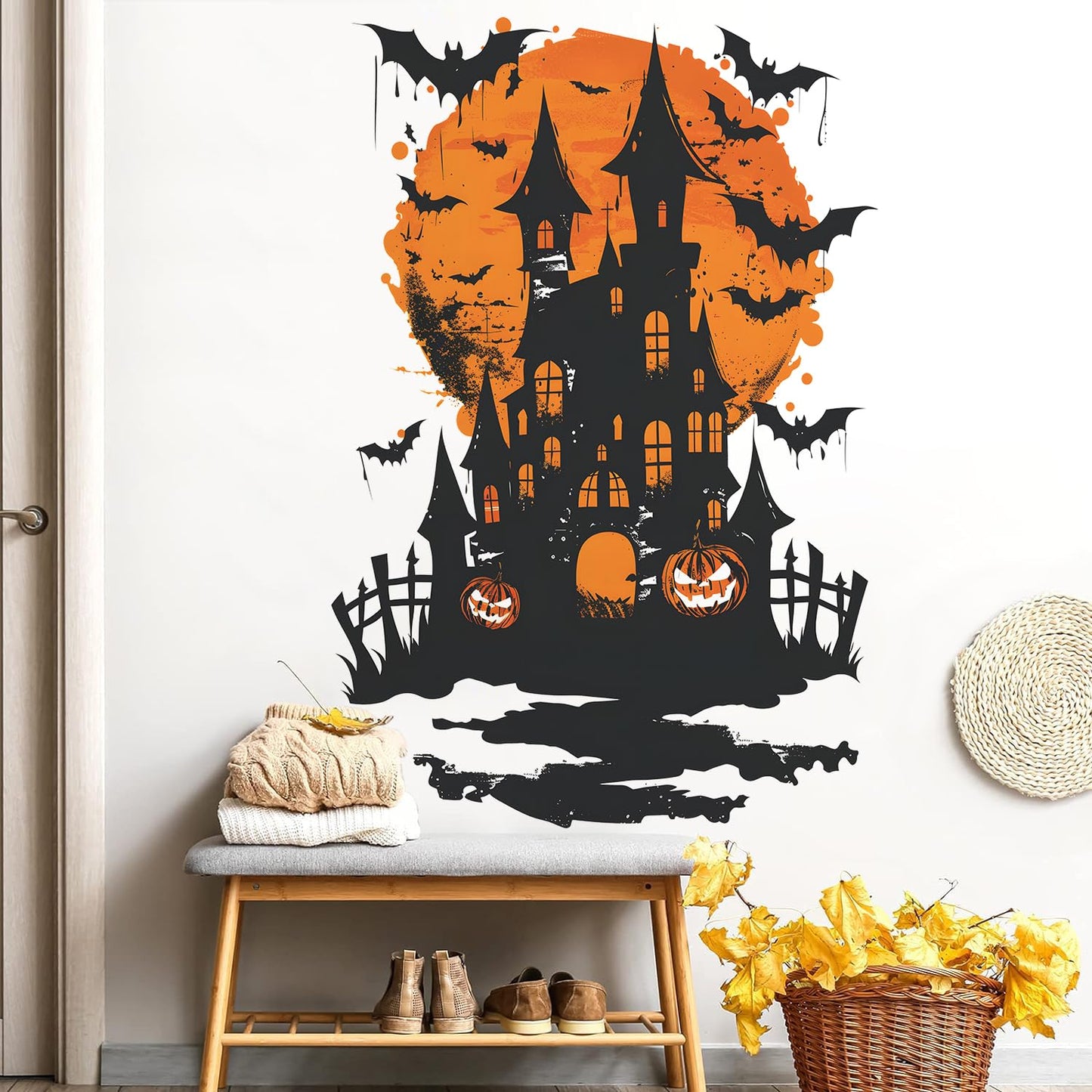 DRWSSR 2 Sheets Halloween Wall Stickers: Removable Bats Moon Pumpkin Wall Art DecalStickers - Peel & Stick for Indoor DIY Wall Art