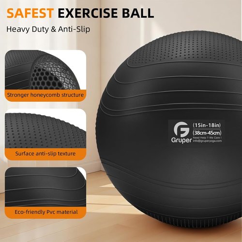 Gruper Yoga Ball - Extra Thick Non-Slip Exercise Ball for Stability & Balance | 4 Sizes with Pump & Guide