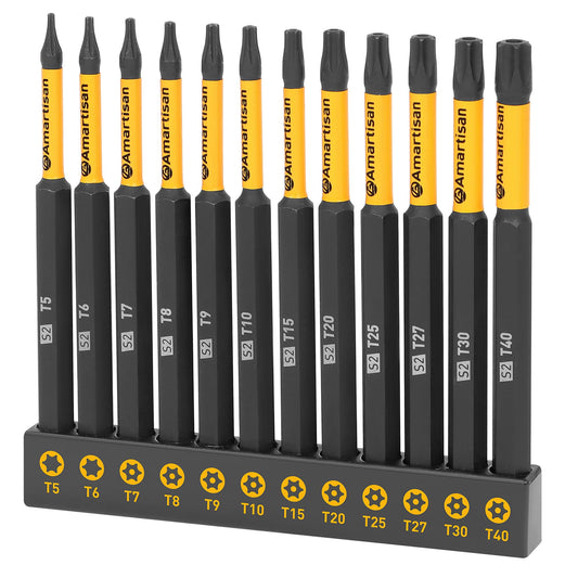 Amartisan 12-Piece Torx Bit Set, S2 Steel, 4" Long T5 - T40, Security, Tamper Resistant Fastener Drive Bit