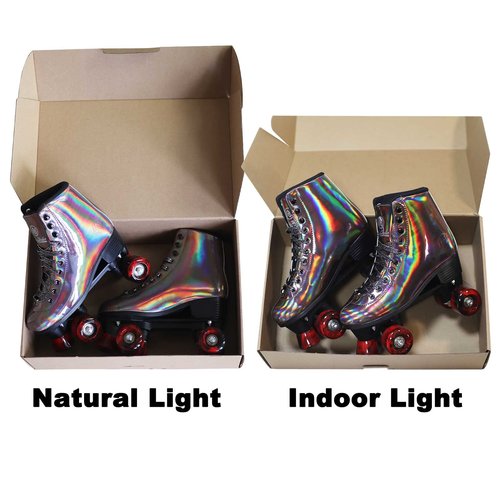 JajaHoho Roller Skates for Women and Men, Holographic High Top Classic Rollerskates, Shiny Double-Row Four Wheels Quad Skates for Girls, Age 8-50 Indoor & Outdoor (Size 10, Golden Black)