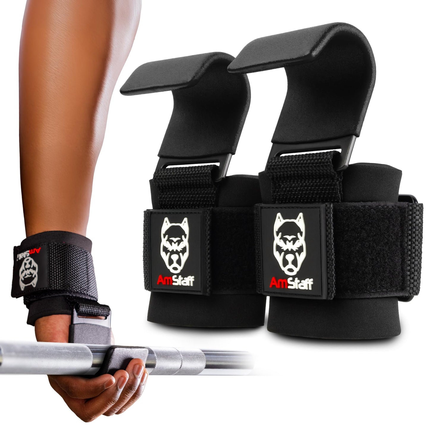 AmStaff Fitness Weight Lifting Hooks (Pair, Black) - Gym Wrist Straps with Steel Hooks for Weightlifting, Pull-Ups, Deadlifts, Strength Training, and Fitness Workouts - Adjustable Neoprene Wrist Support