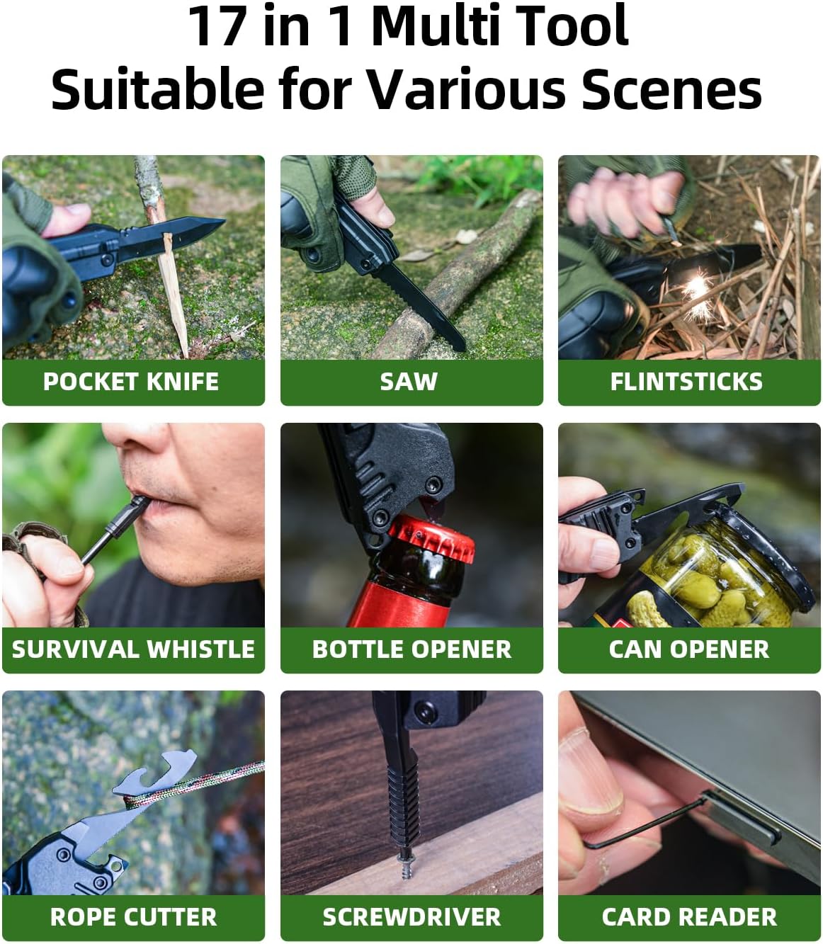 Skiennix 17-in-1 Multitool Knife - Versatile Camping Tool with Fire Starter, Bottle Opener & More | Perfect Gift for Outdoor Enthusiasts