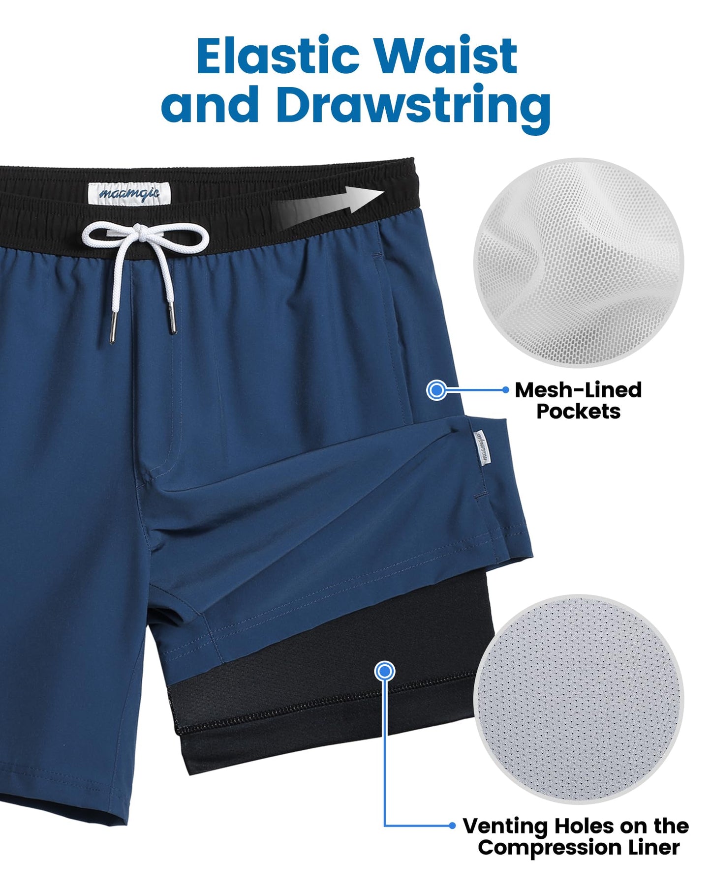 maamgic Mens Swim Trunks with Compression Liner 7 Inch Inseam Mens Bathing Suit Quick Dry Swimming Trunks Swimsuit Blue Grey and Black Small