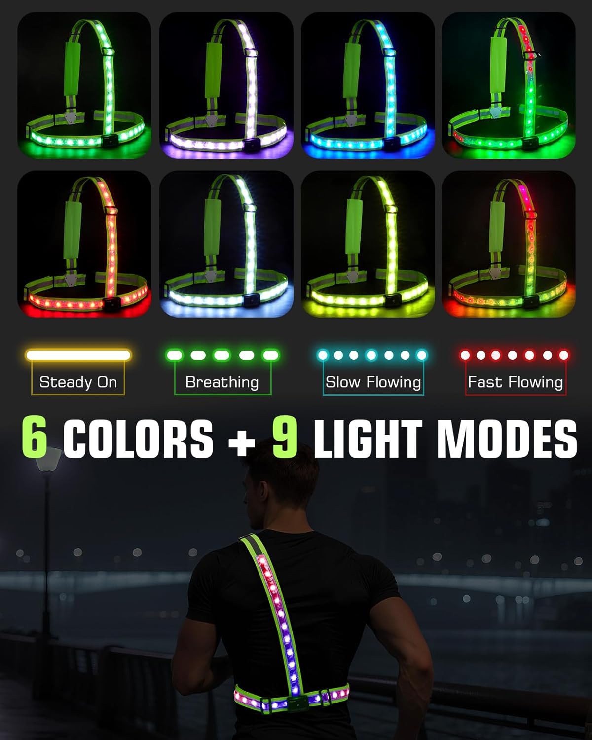 Zacro LED Reflective Vest - 500LM Rechargeable Light Up Running Gear | 5 RGB Colors, IPX4 Waterproof, Adjustable for Men & Women