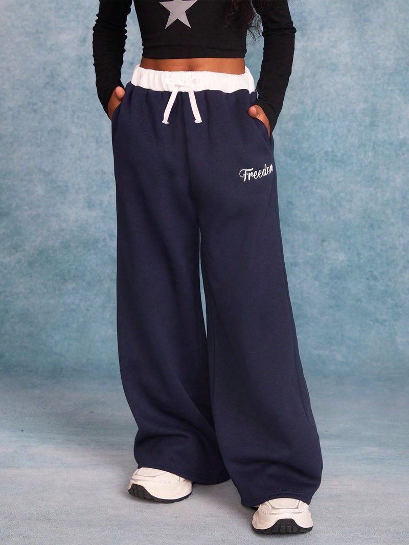 RoseSeek Girl's Baggy Sweatpants Letter Print Elastic Waist Wide Leg Pants Joggers Track Pants Trendy Blue and White 10Y
