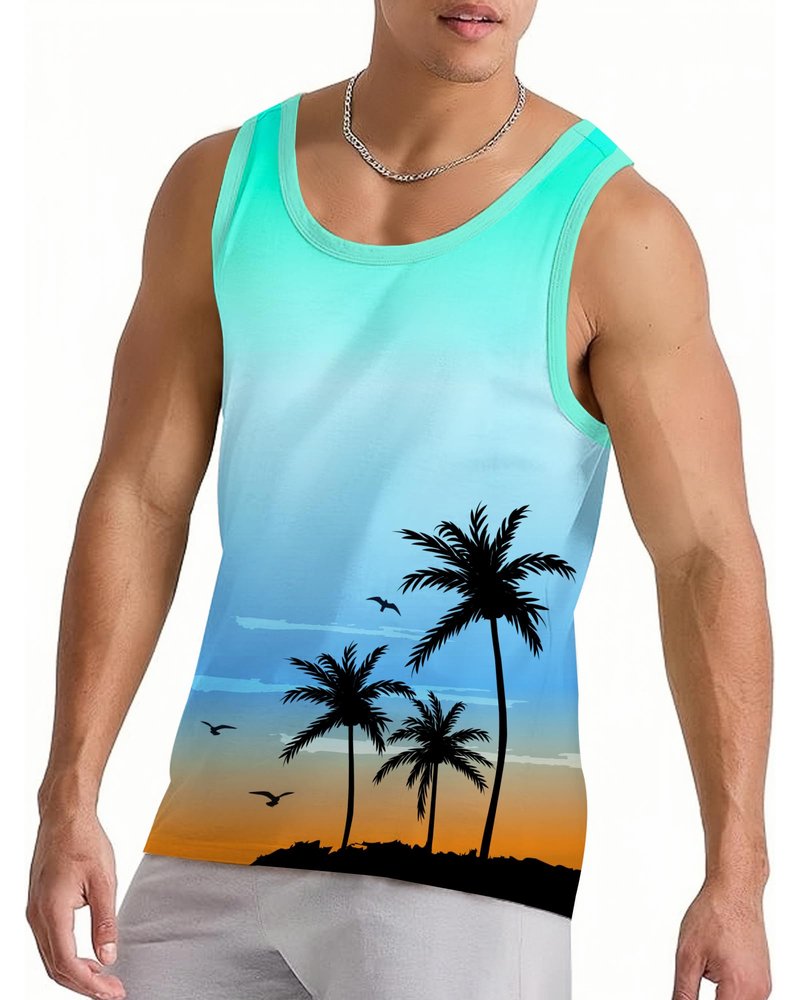 Nidoul Mens Beach Tank Tops Summer Graphic Palm Tree Sleeveless Shirts for Men Vacation Gym Running Workout Tank Top, Retro Blue Orange L