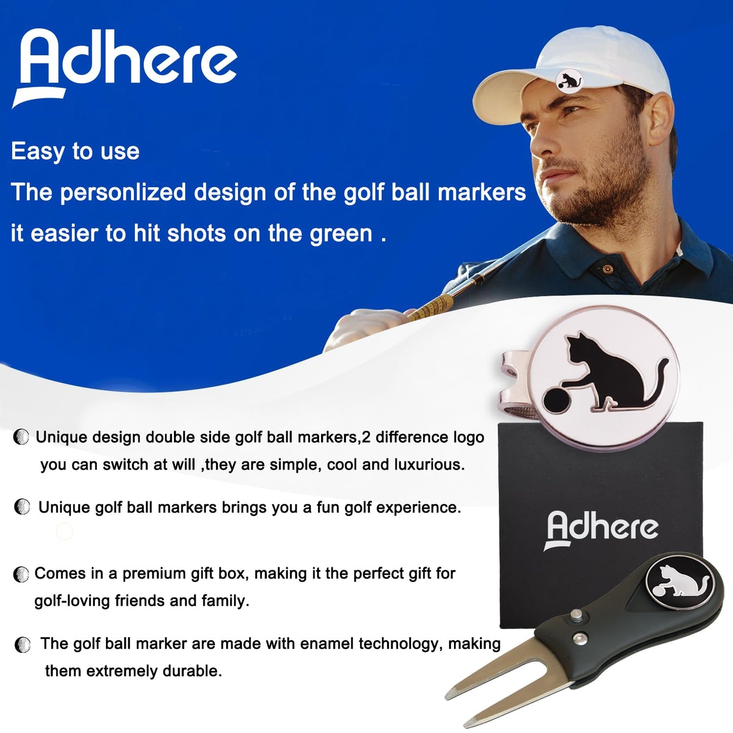 Adhere Golf Ball Markers Personlized Double Side Cute cat Logo Enamel with A Magnetic Hat Clips,A Premium Golf Gifts. (A-Ball Markers & Divot Tool Gift Set)