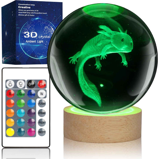 WJNYZWBW 3D Axolotl Crystal Ball Night Light with 16 Color LED Wooden Base with Remote Control，3.15 Inch Axolotl Glass Ball，Cool Desk Decor Gifts for Kids Girls Boys Friends Fans (Axolotl)