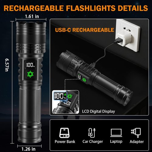 3Pack Rechargeable Flashlights High Lumens 9900FL, LED Flashlight Rechargeable with LCD Digital Display, 5Modes Adjustable Flash Light, Super Bright Flashlight Powerful, Tactical Flashlights for Home