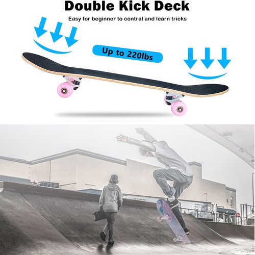 Skateboard,31 x 8 inch Complete Skateboards for Beginners,8 Layer Maple Concave Cruiser Trick Skate Board for Teens and Adults (Pink-JG)