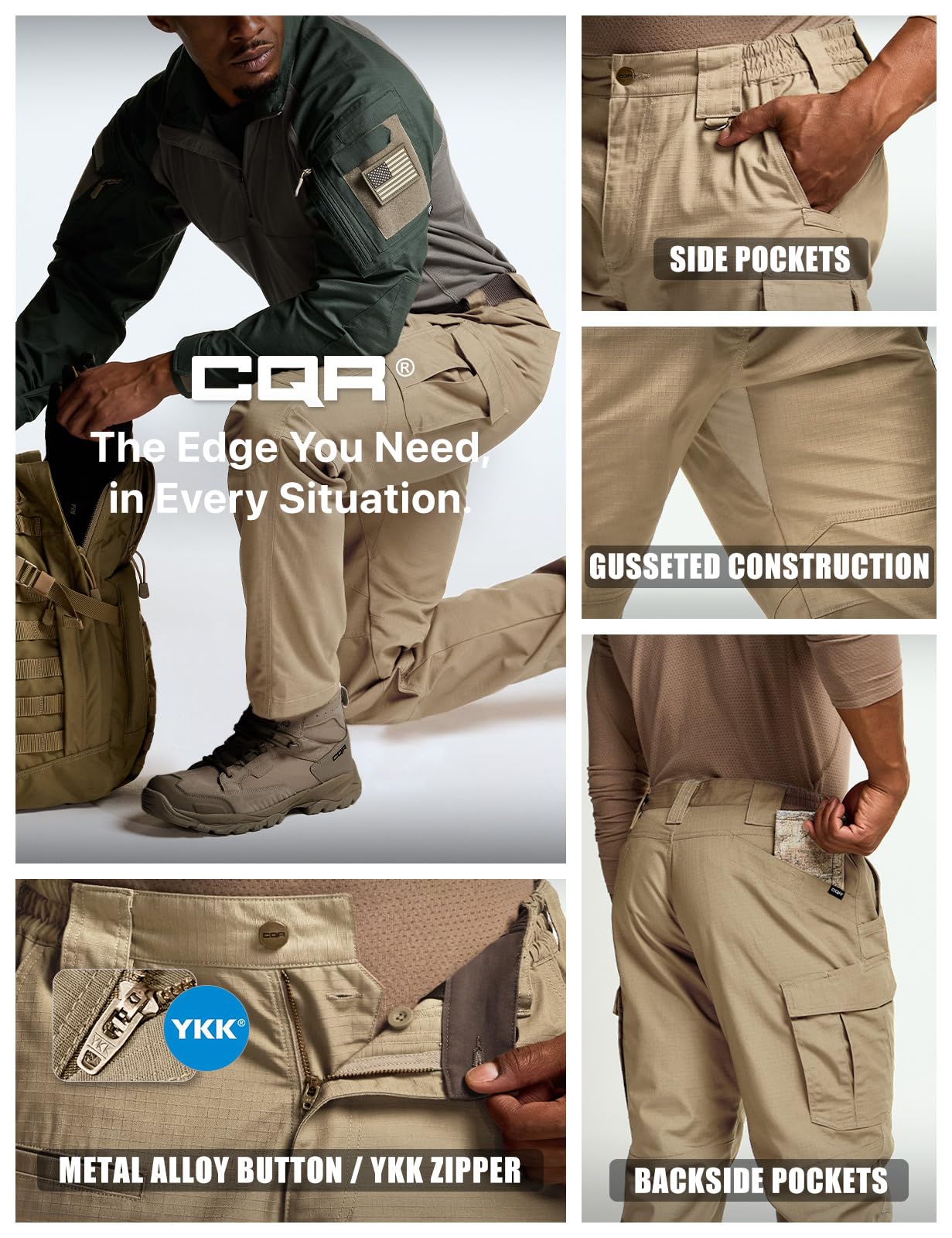 CQR Men's Tactical Pants, Water Resistant Ripstop Cargo Pants, Lightweight EDC Work Hiking Pants, Outdoor Apparel, Raider Mag Pocket Khaki, 34W x 32L