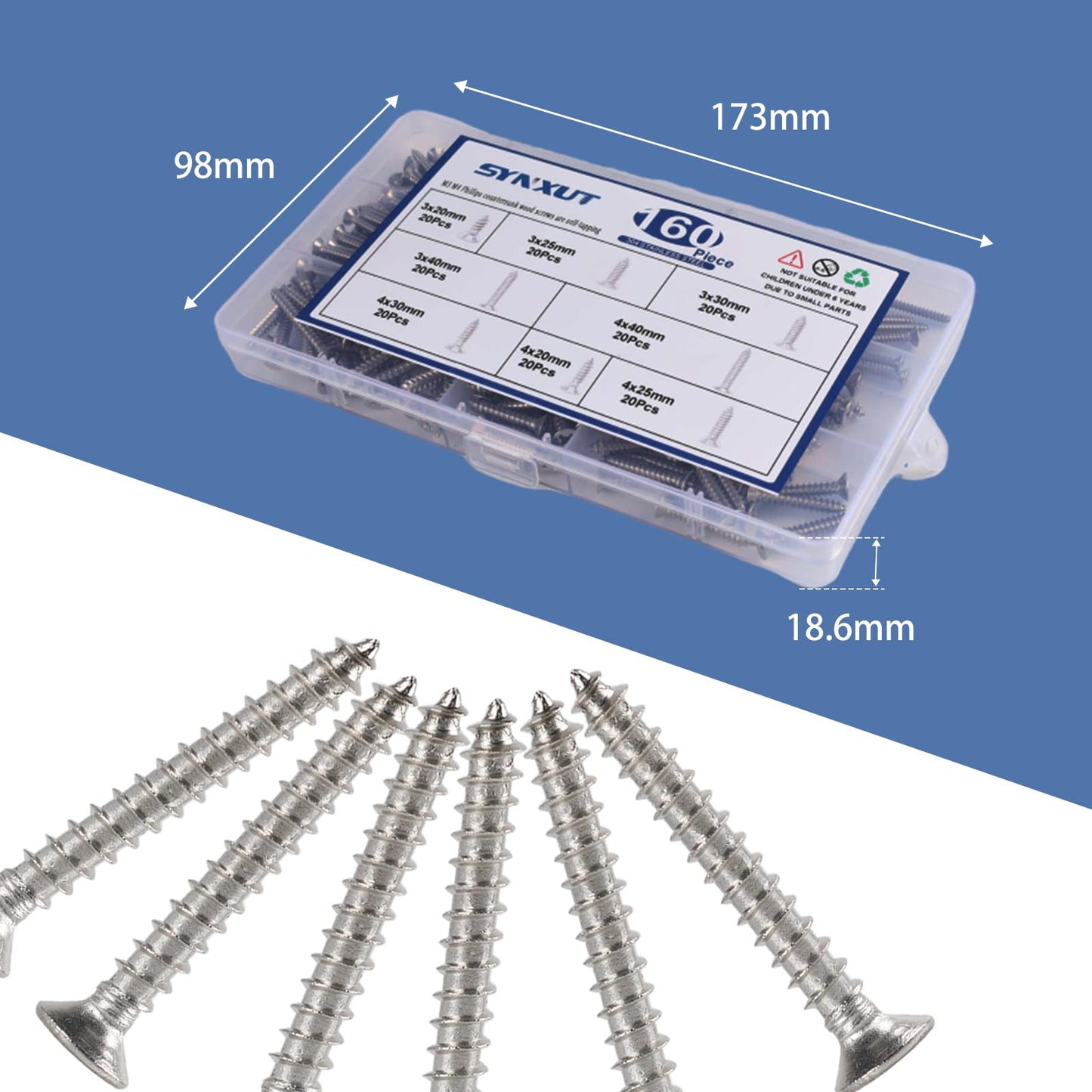 Synxut 304 Stainless Steel Wood Screws Assortment Kit,160 pcs, Phillips Drive Countersunk Head,Wood Screws,Screws,Drywall Screws,Sheet Metal Screws,Screws Set,8 Sizes M3/M4(20mm,25mm,30mm,40mm)