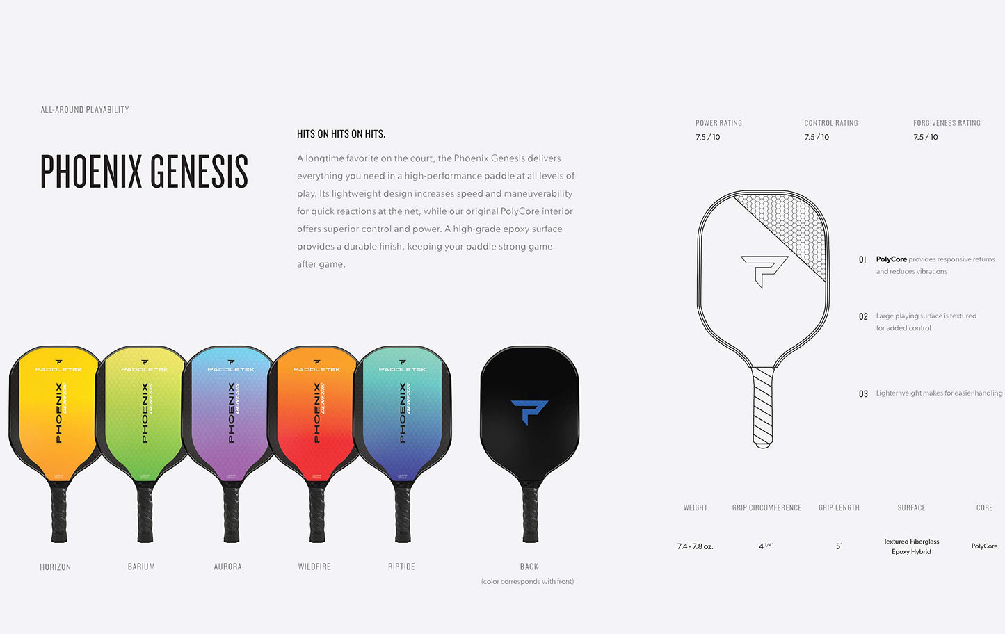 Paddletek Phoenix Genesis - Professional Pickleball Paddles with Honeycomb Core – Polycore & Fiberglass Epoxy Surface - High Tack Performance Grip – 7.4 oz to 7.8 oz – USAPA Approved (Green)
