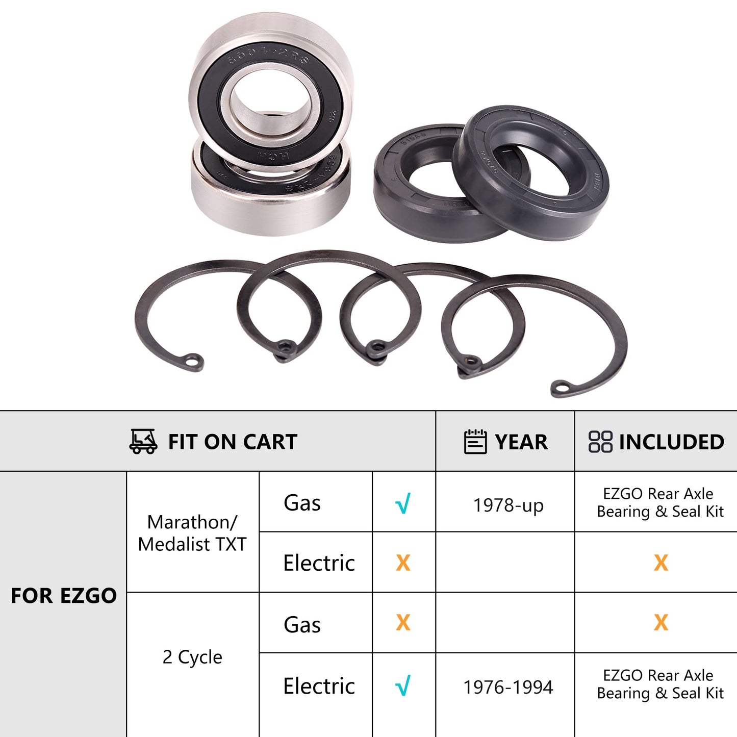 10L0L Golf Cart Rear Axle Shaft Bearing & Seal Kit for EZGO TXT RXV Medalist Marathon Electric Carts 1978 UP, OEM# 611931 70181-G01 70181G01 15112-G1 15112G1 620343, 2 Pack