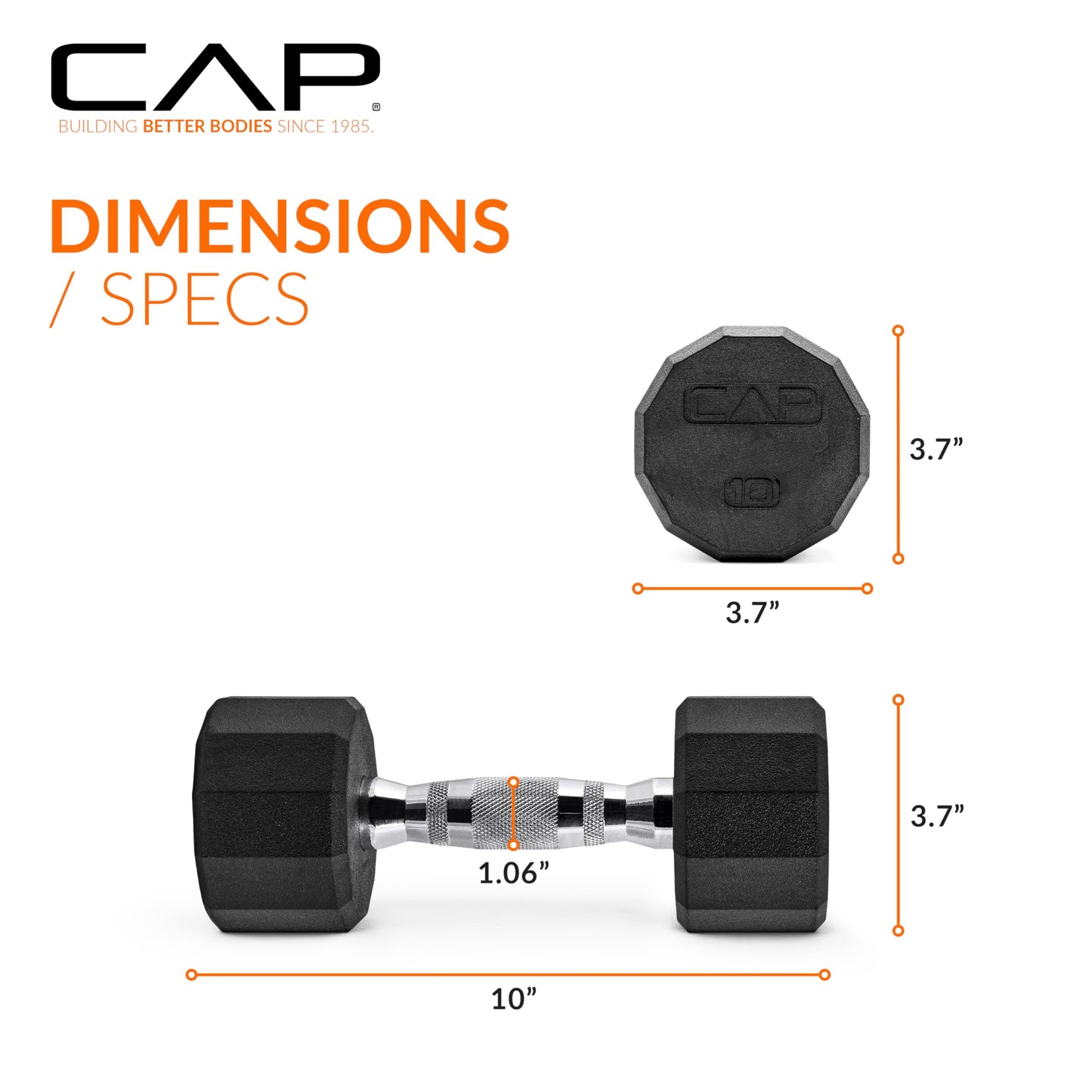 CAP 10 LB 12-Sided Rubber Coated Dumbbell Weight, Rubber Hand Weights for Home Gym Strength Training, Chrome Handle, Pair