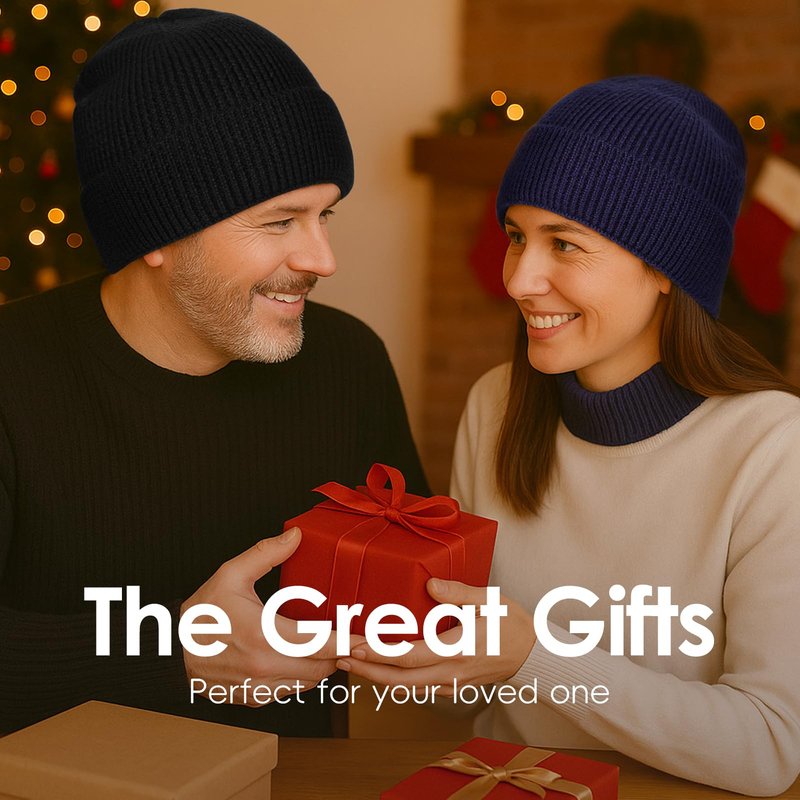 M/L/XL/XXL Merino Wool Beanie for Men, Plus Size Warm Knit Hat with Fold-Up Cuff, Soft Ski Skull Cap for Big Heads Black