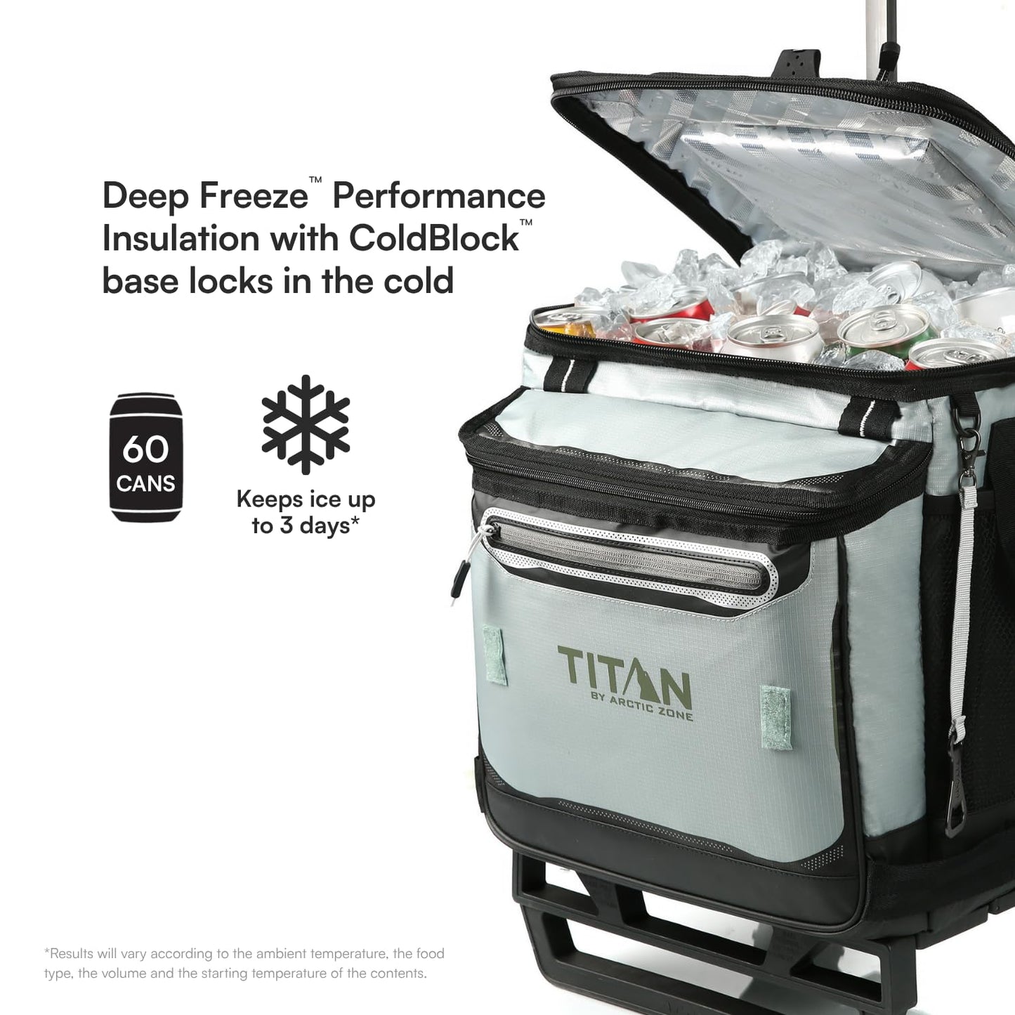 Titan by Arctic Zone Collapsible Wheeled Soft Sided Cooler with Detachable Rolling AT Cart, Insulated Bag with Leak Proof Lining, for Travel, Beach, Picnic, 60 Can Capacity, Seagrass