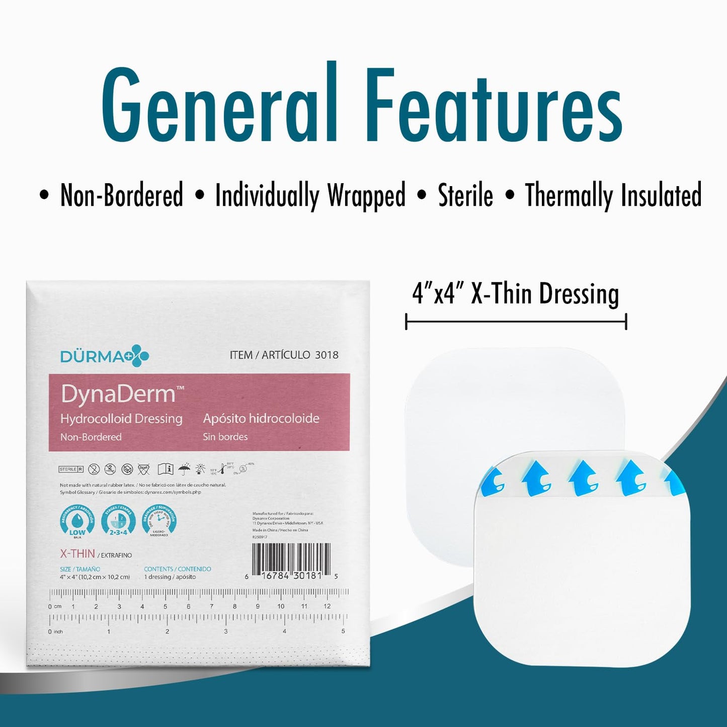 Dynarex Dürma+ DynaDerm™ Hydrocolloid Dressing - Sterile Non-Bordered Wound Patch - Water-Resistant - Flexible Protection - X-Thin - 4" x 4" - 10 per Box, 12 Boxes per Case