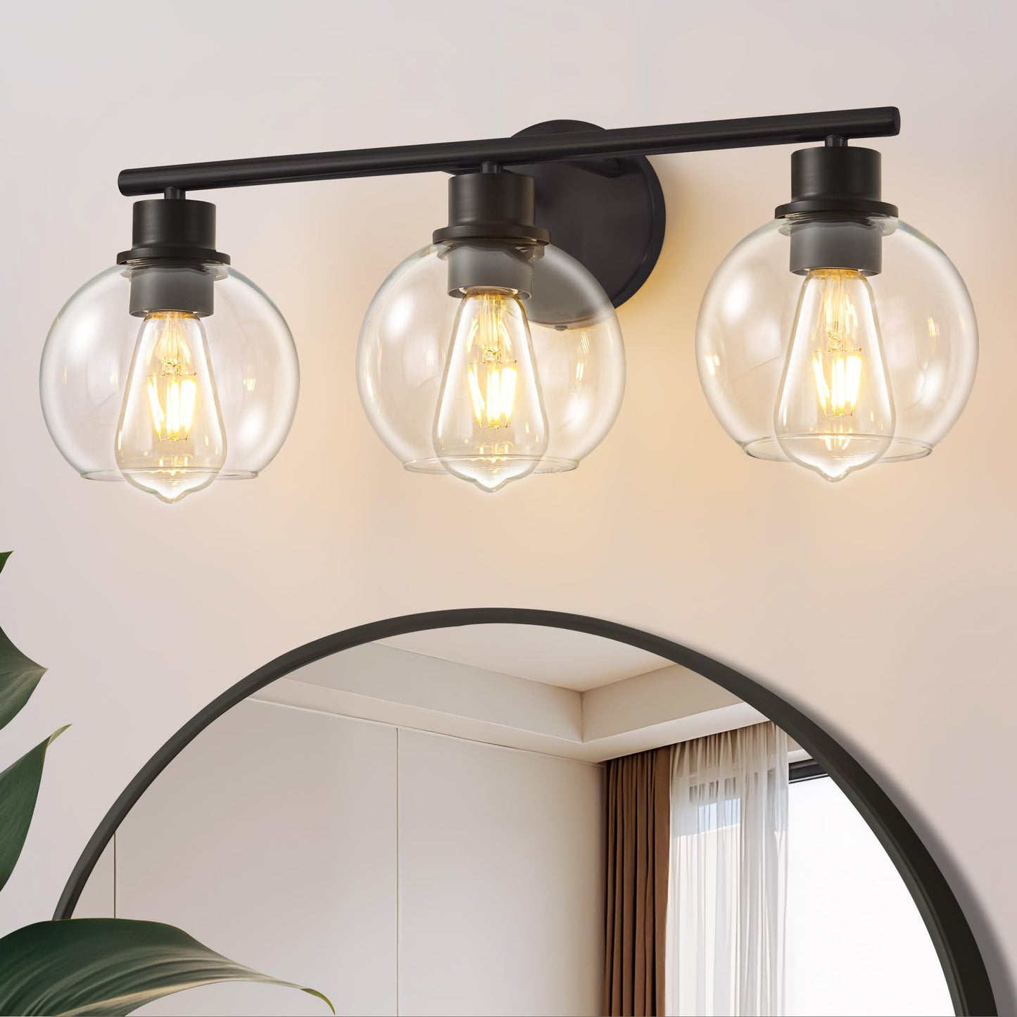 Lanmate Bathroom Light Fixtures Over Mirror 3-Lights Bathroom Vanity Light with Clear Globe Glass Shade 22 inch Modern Black Vanity Lights Wall Sconce Lighting for Bath
