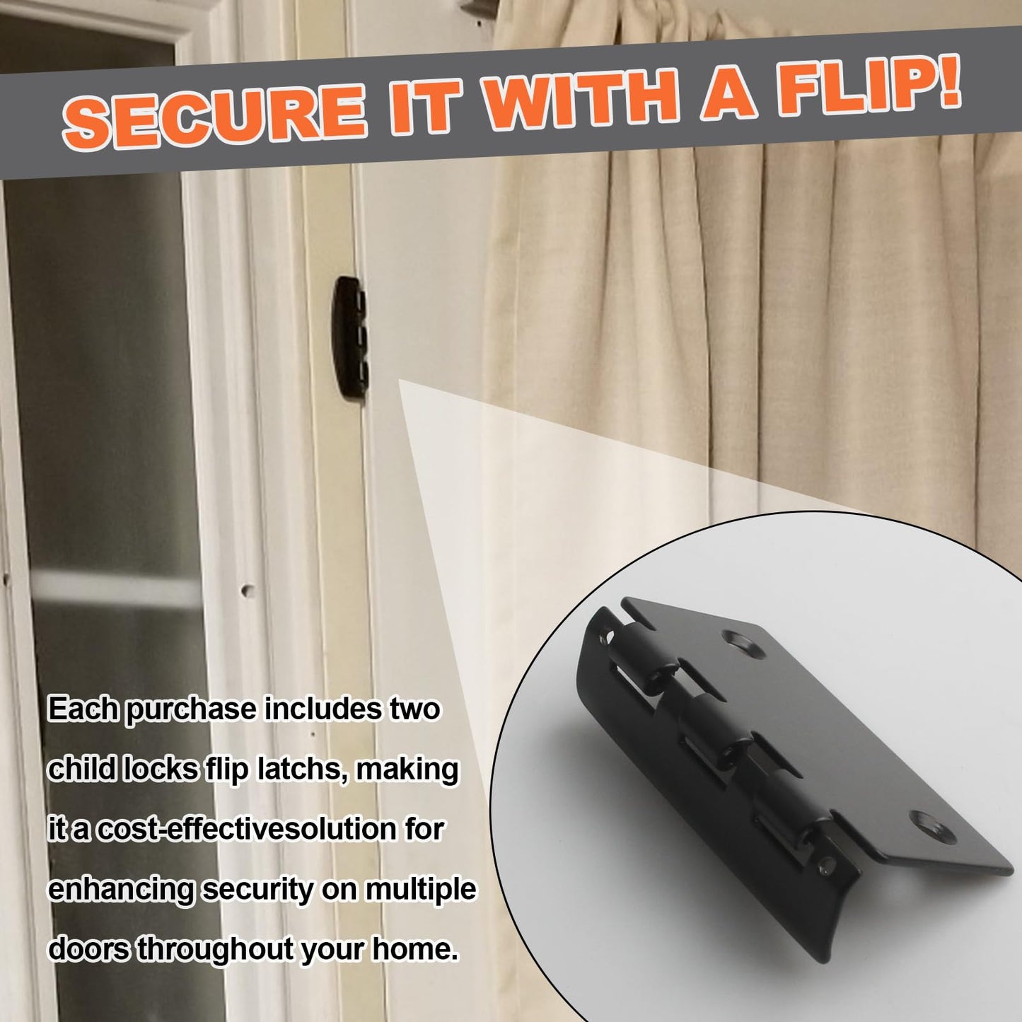 Flip Door Lock – Reversible Privacy Lock with Anti-Lock Out Screw for Child Safe Mode & Home Defense, Door Flip Lock Provides Defender Security, Black, 2-Pack