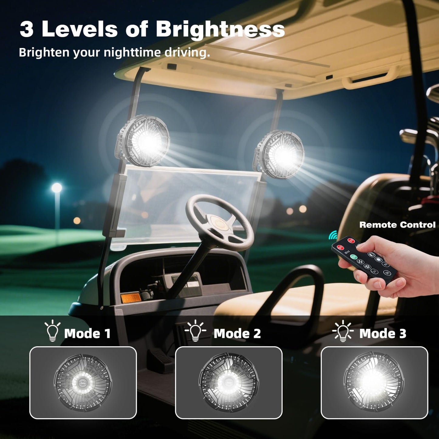 Roykaw Golf Cart Fan 10400 mAh Rechargeable Battery Powered, 24 Hrs Work Portable Fan with LED Light for Nighttime Drive, Cordless Remote Control, Compatible with EZGO Club Car Yamaha, 2PCS
