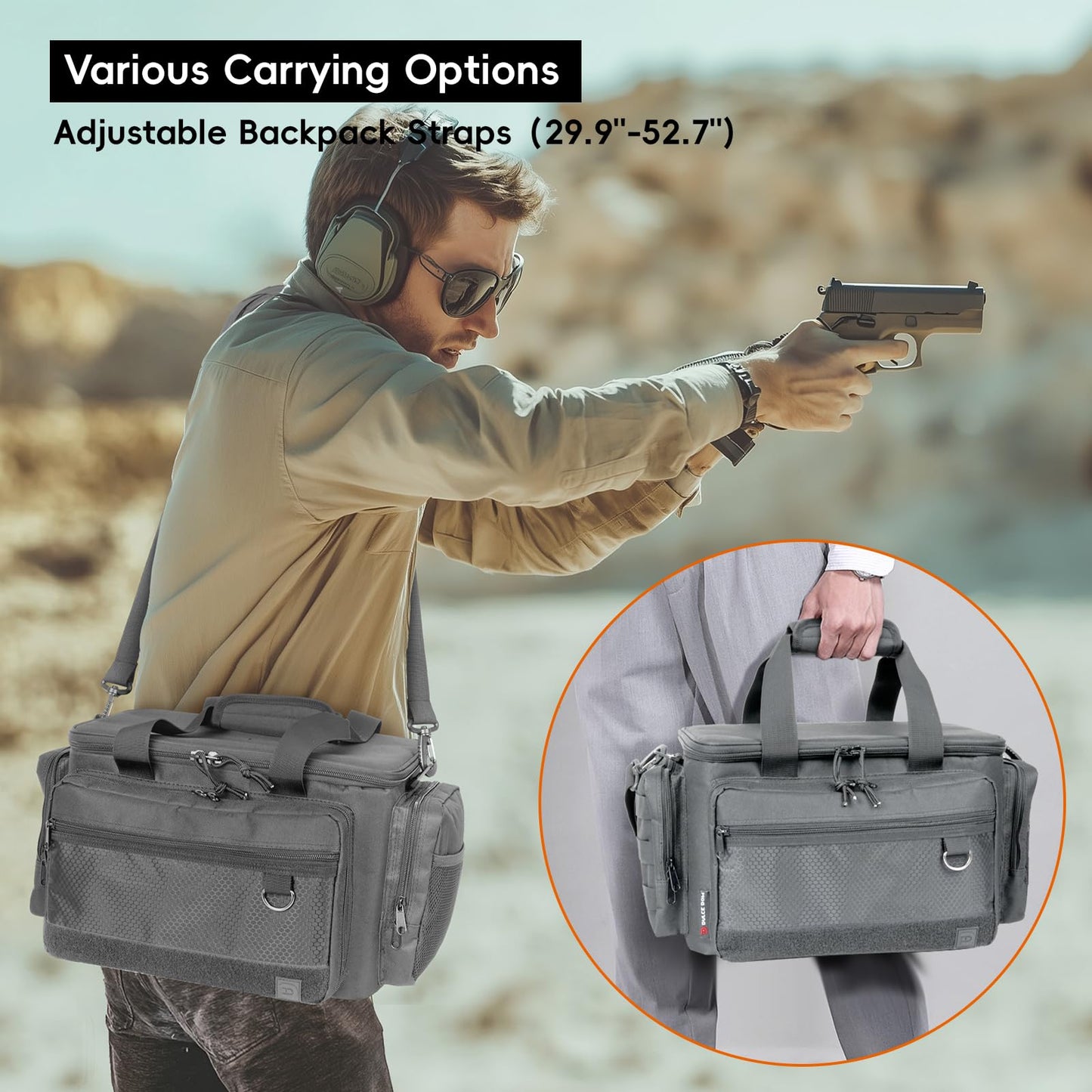DULCE DOM Tactical Gun Range Bag for Handguns & Pistols - Lockable Compartment, Ammo Storage, Magazine Slots, Durable Range Essentials Bag (GREY)