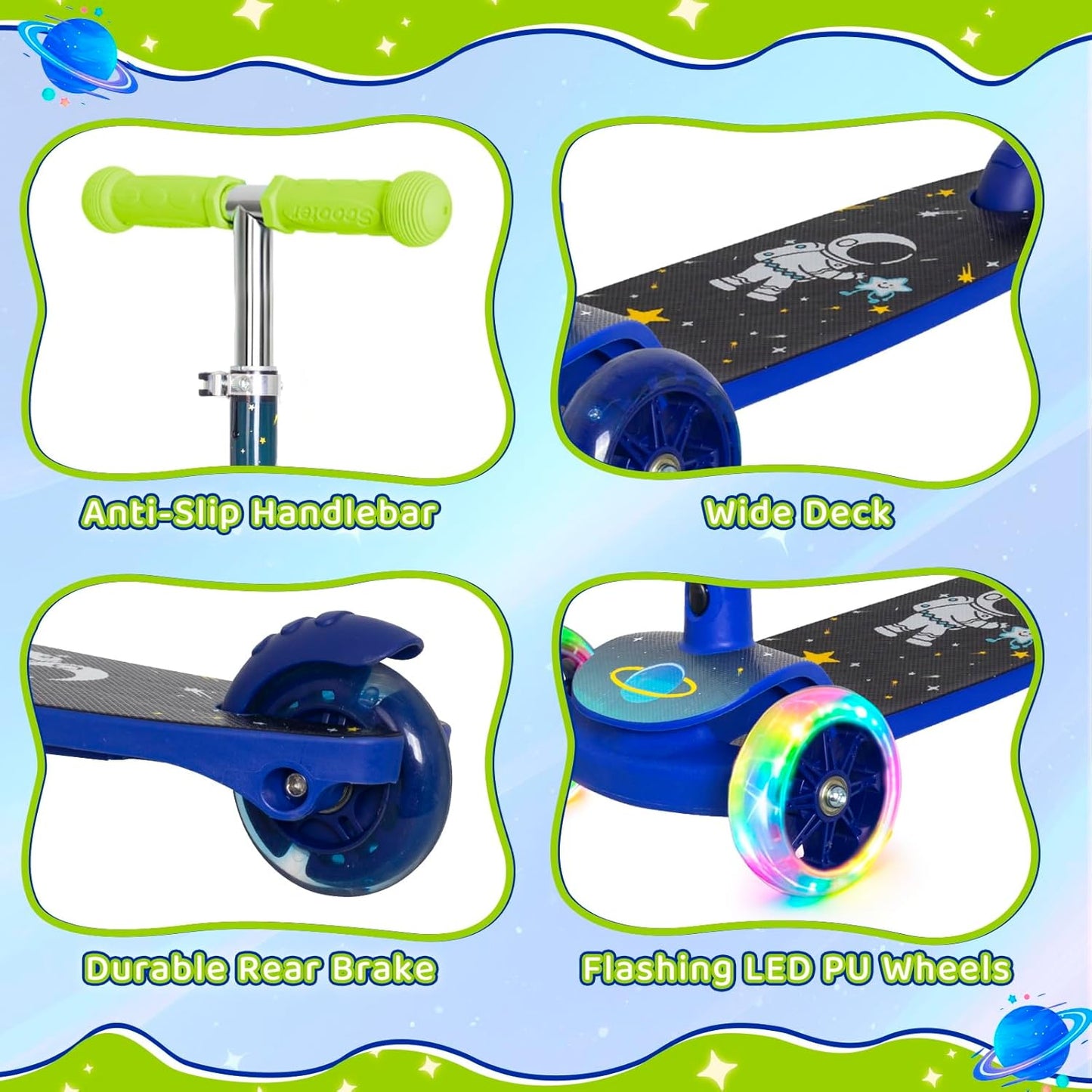 Nattork 3-Wheel Toddler Kick Scooter - Adjustable Height, Light-Up Wheels & Anti-Slip Deck for Ages 2-8