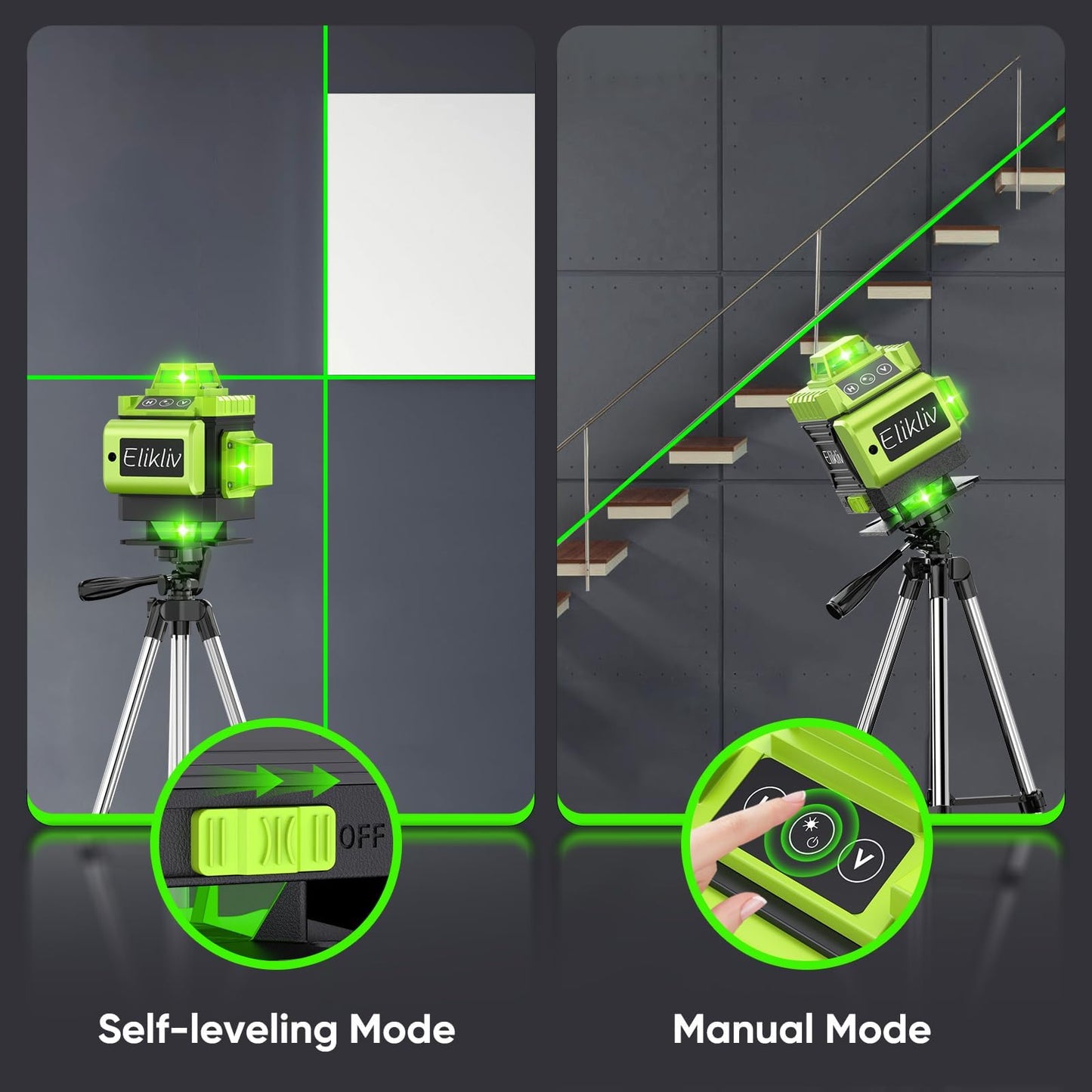 Laser Level Self Leveling - Elikliv 200ft Robust Indoors 4D Green Cross Line Laser Level 4x360 Horizontal Vertical Dual-beam Lasers for DIY or Professional Job Site Integrated Bracket Included