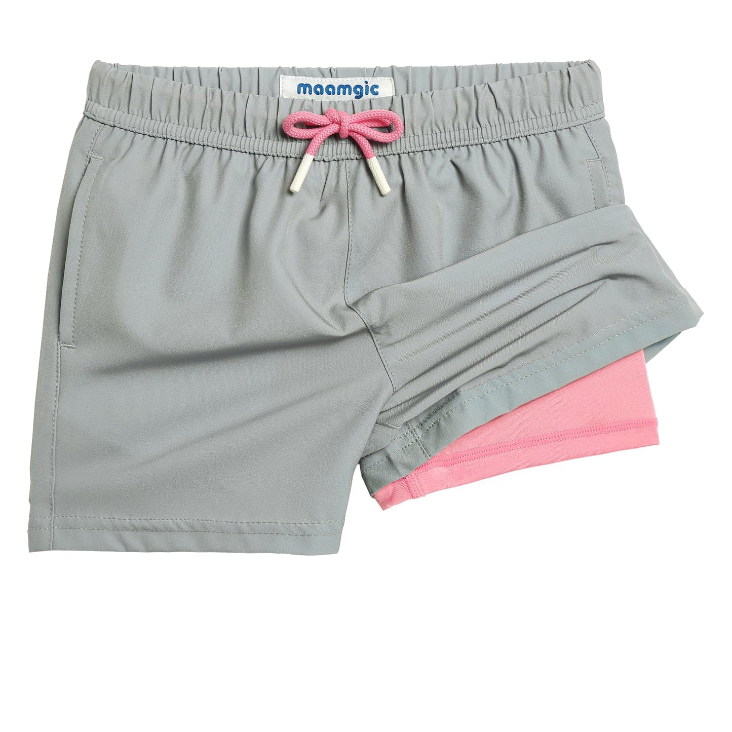 maamgic Boys Swim Trunks with Compression Liner 4-Way Stretch Quick Dry Swim Shorts Swimming Trunks Toddler Boy Gray Pink 2T