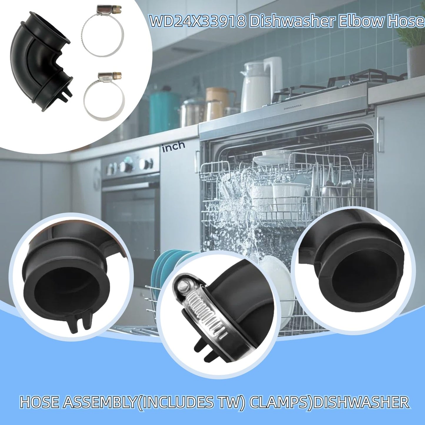 Upgrade WD24X33918 compatibility WD19X25460, WD19X25700 Dishwasher Circulation Pump To Sump Elbow Hose and Clamps Kit Includes Two Clamps For some GE dishwasher