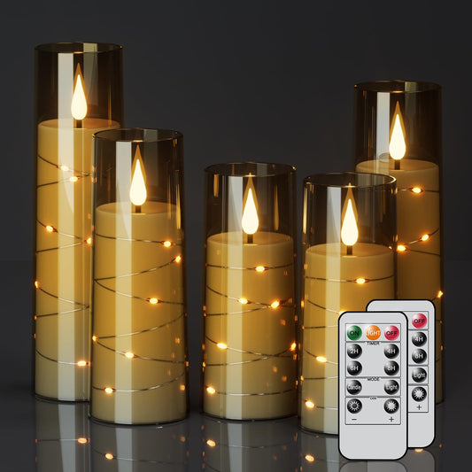GenSwin Flickering Flameless Candles with Remote Timer, 5 Pack Battery Operated Candles with Embedded Star String, Black LED Battery Candles for Halloween Christmas Wedding Decor(D2.3” x H5”5”6”7”8”)