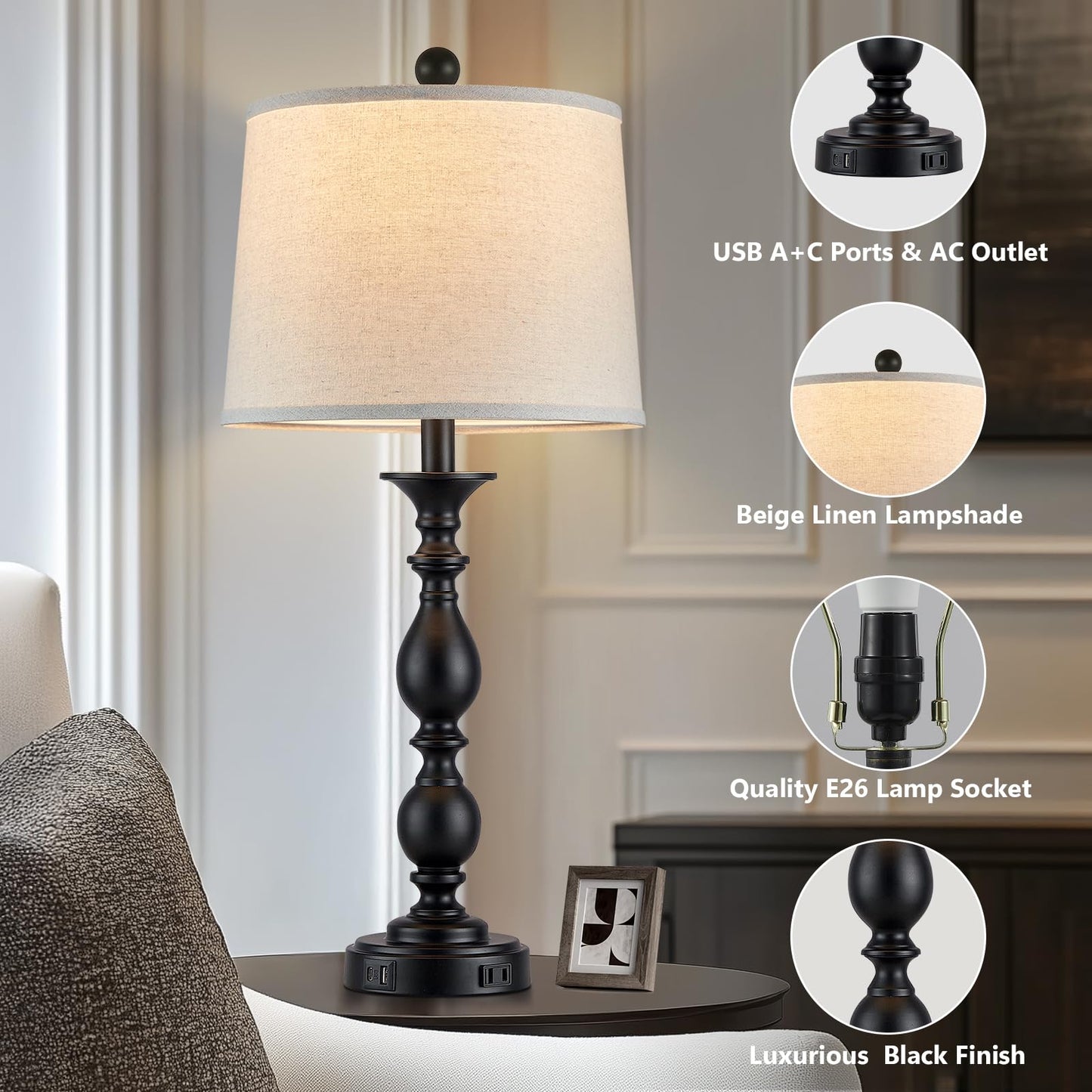 MOUVOVO 28" Tall Modern Table Lamps Set of 2 with USB C+A Ports and AC Outlet, 3 Way Touch Metal Bedside Lamps for Living Room, Black Farmhouse Nightstand Lamps for Bedroom