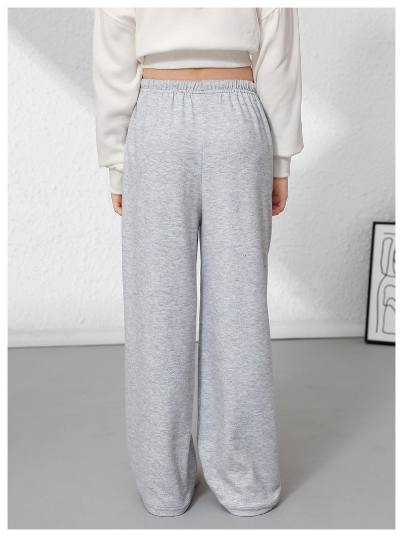 RoseSeek Girl's Wide Leg Baggy Sweatpants Sports Elastic Waist Long Track Pants Trousers with Pockets Light Grey 12Y