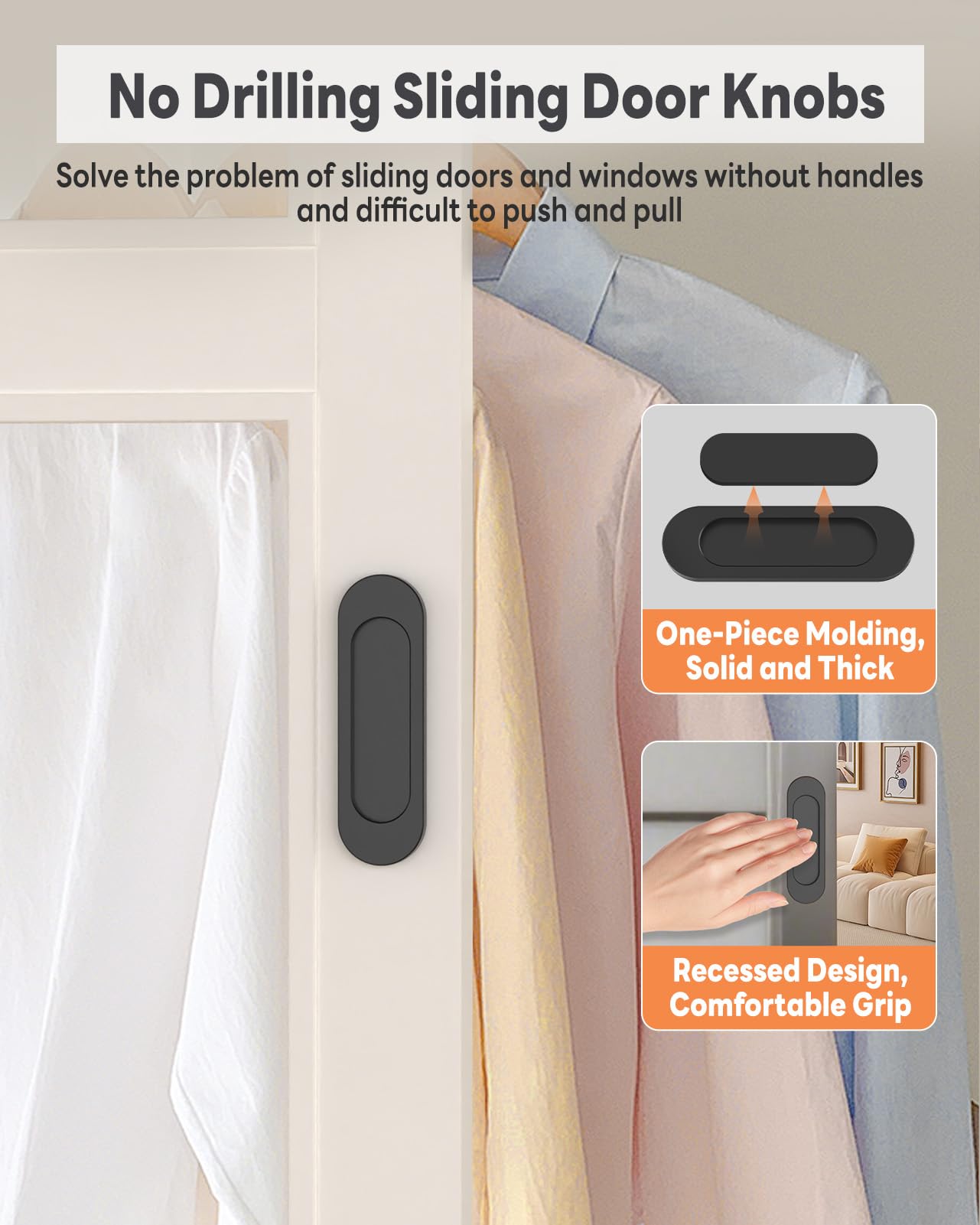 MeBantoo 2 Pack Self-Stick Door Handles, 4 Inch Aluminum Alloy Self Adhesive Flat Finger Pulls, No Drill Cabinet Knobs for Drawer, Sliding Glass/Barn/Closet/Balcony Doors (2, Black)