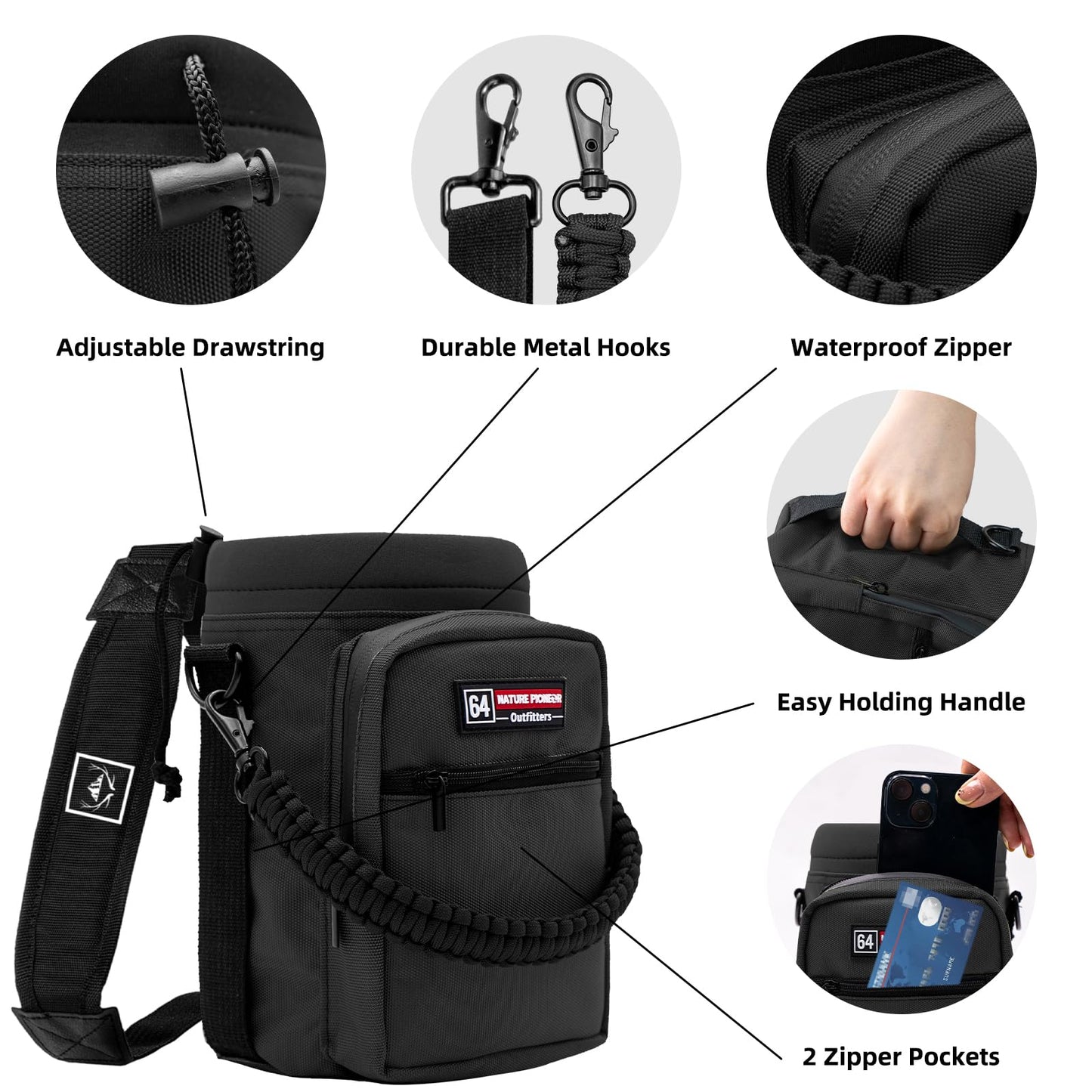 NATURE PIONEOR Water Bottle Holder with Adjustable Strap - Half/One Gallon (64/128oz) Insulated Water Bottle Sling Carrier with Phone Pocket & Paracord Handle, Outdoor Camping, Hiking, Gym