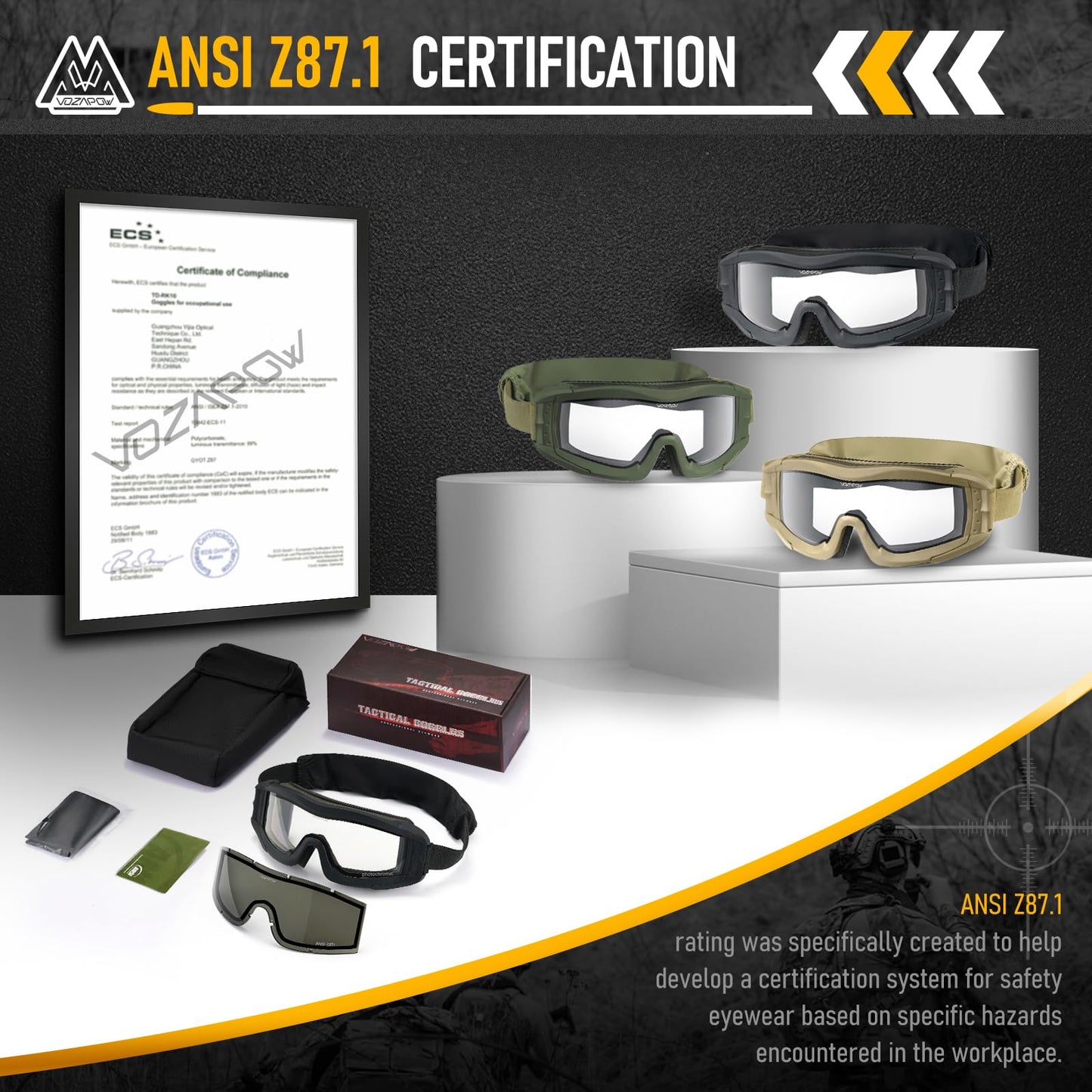 VOZAPOW Airsoft Goggles Anti Fog with ANSI Z87.1 Certified, Safety Goggles Impact Resistant, Tactical Shooting Glasses