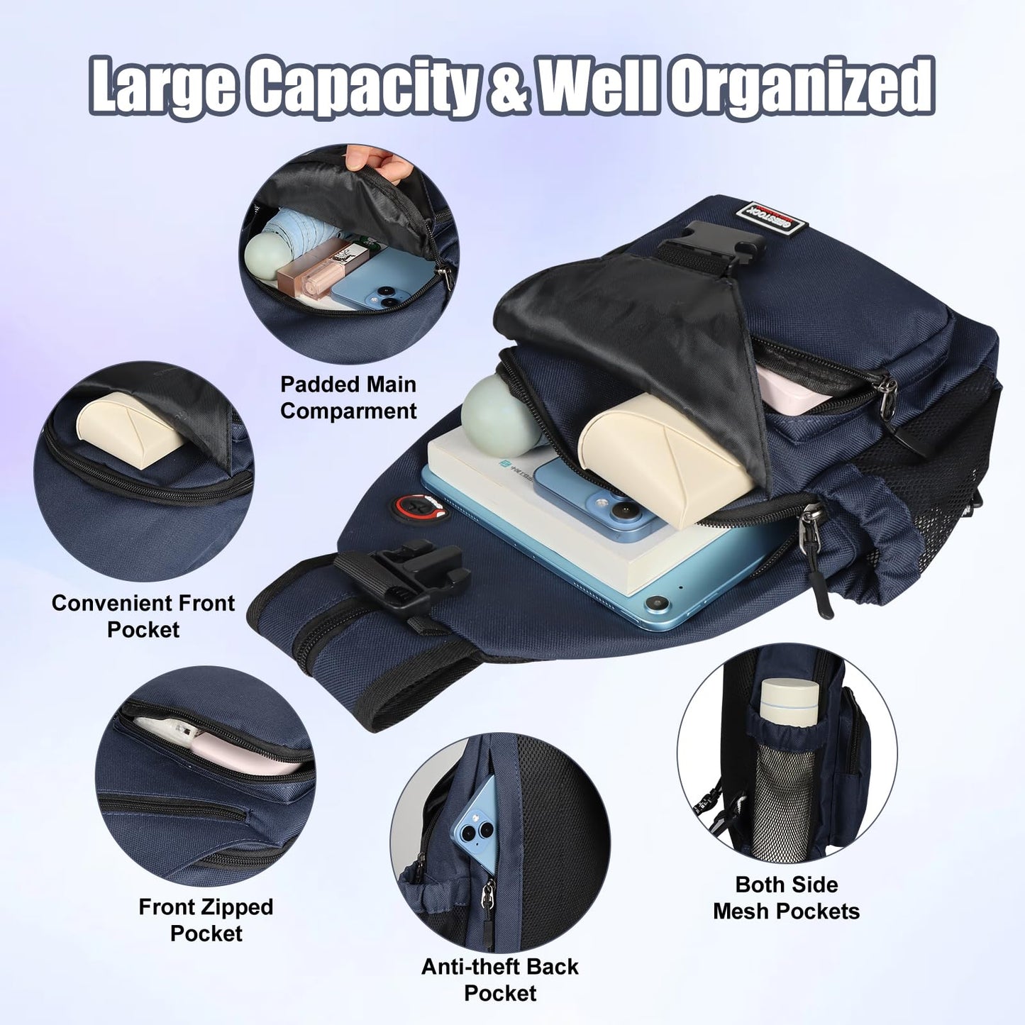 VALUEQLO Crossbody Backpack Convertible Sling Bag for Women Men with Adjustable Strap Small Casual Daypack for Hiking Traveling (Small, 11-Inch, Dark Blue)