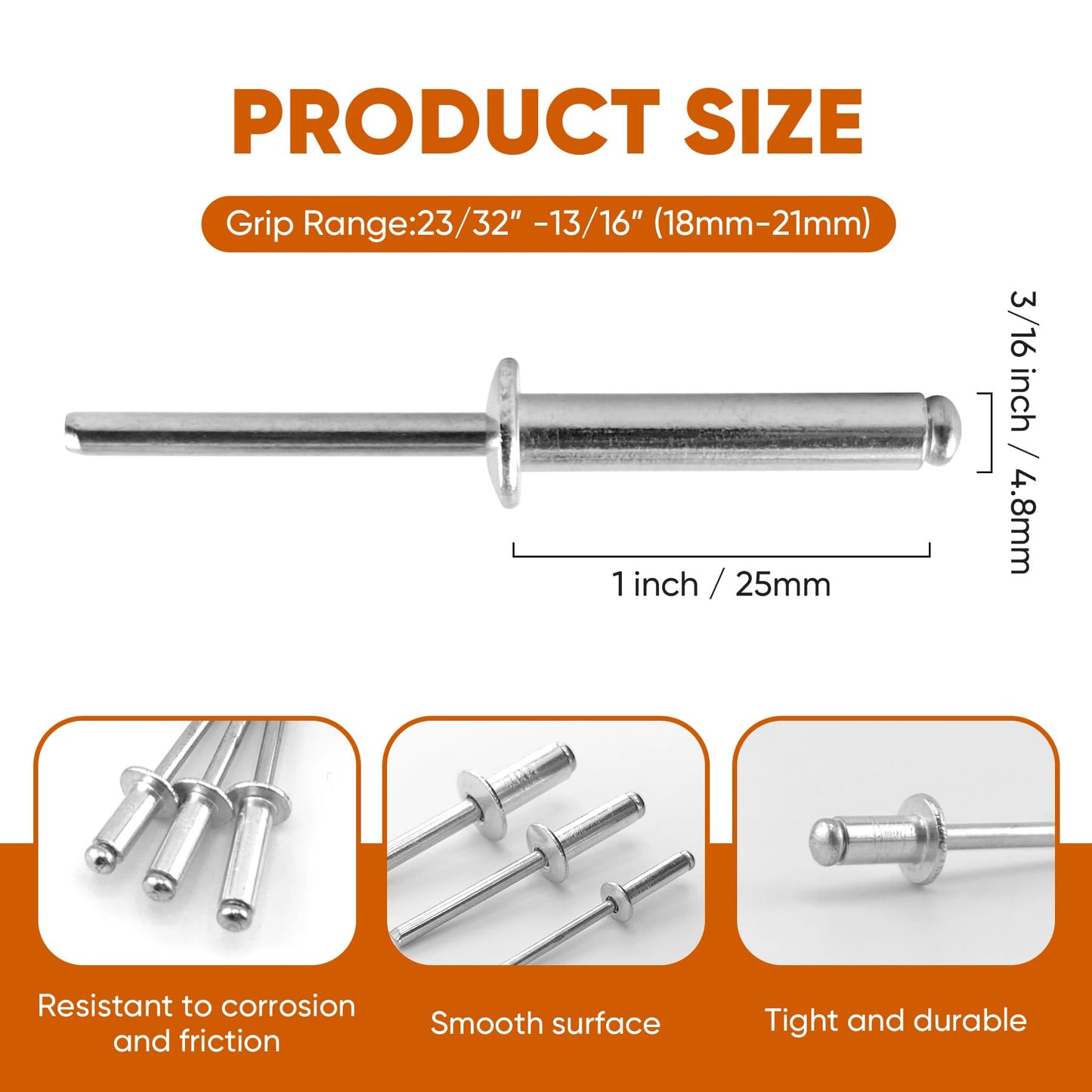 ALLCLEAN 110 Pcs 3/16" x 1" Aluminum Blind Rivets,4.8 x 25mm Pop Rivets,Aluminum Grip and Steel Mandrel