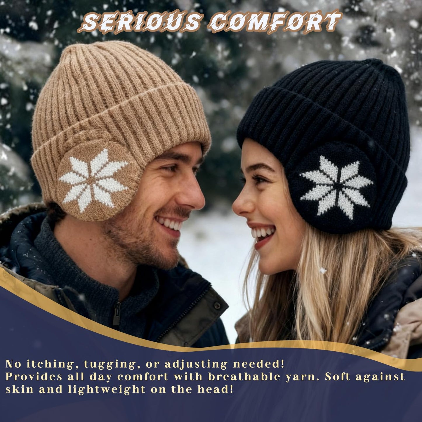CSONFIT Winter Beanie Fleece Lined for Men Women, Unisex Thermal Knitted Ski Hat with Integrated Ear Hood, Warm Stretchable Skull Cap for Skiing, Snowboarding, Running, Daily Use (Beige)