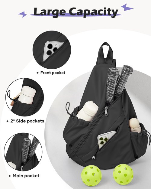 Black Pickleball Crossbody Sling Bag - Men's & Women's Pickleball Sports Backpack with Water Bottle Holder, Adjustable Pickleball