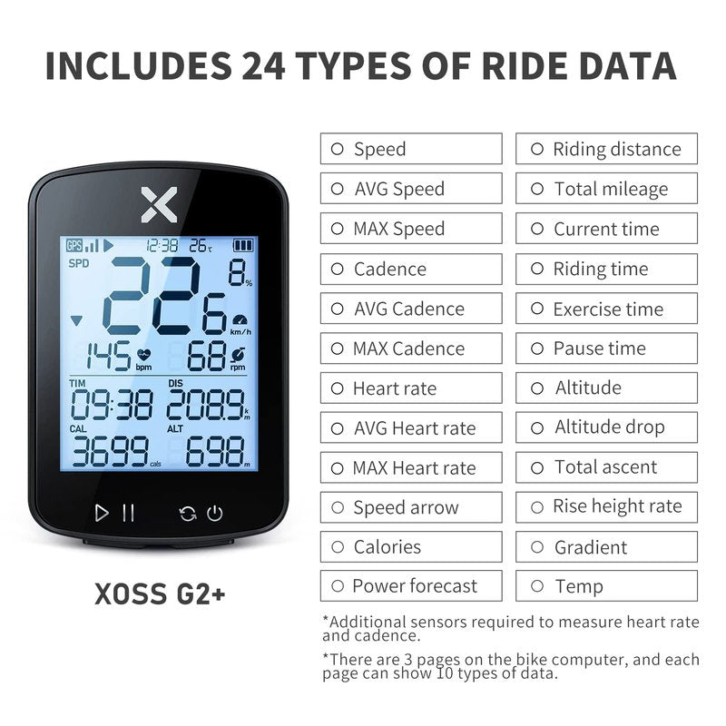 XOSS G+ Gen2 GPS Bike Computer with Mount, 2.2" Bluetooth Wireless Cycling Speedometer, Type-C Multifunctional ANT+ Bicycle Odometer with Auto Backlight and IPX7 Waterproof Bike Tracker (4 in 1)