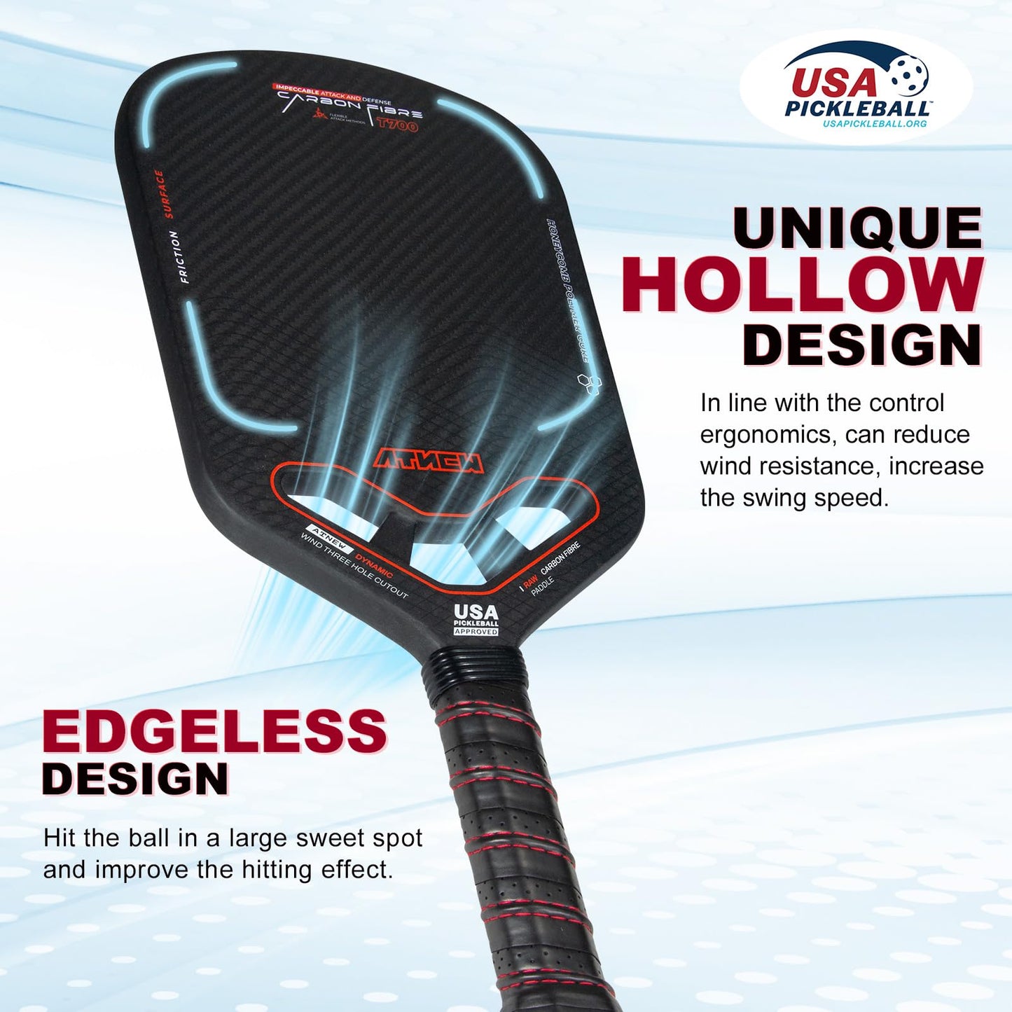 Pickleball Paddles T700 3K Carbon Fiber Picklebll Paddle with Aero Throat Edgeless Designed 16MM Thermoformed Pickleball Racket USAPA Approved