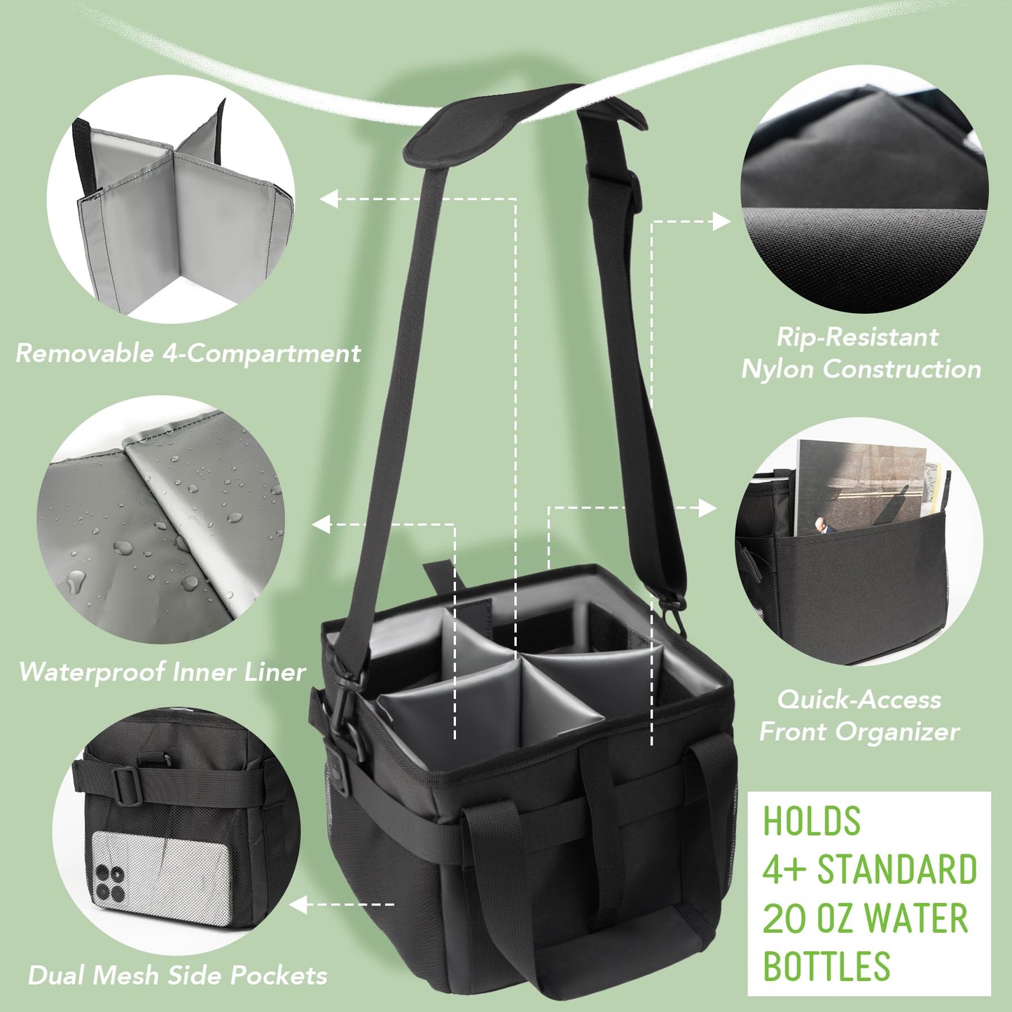 Water Bottle Bag-Water Bottle Holder with Strap, Reusable 4 Drink Carrier Caddy with Adjustable Dividers,Fits Full Size Tumblers And Cup, Multiple Bottle Organizer for Car & Outdoors