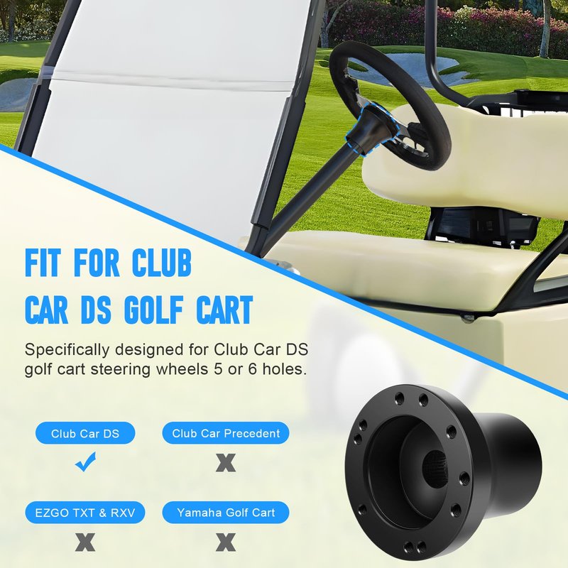 Dollate Golf Cart Steering Wheel Adapter for Club Car DS Model, Golf Cart Steering Wheel Adapter Electrophoresis Aluminum Steering Wheel Adapter Fit for 5/6 Hole Golf Cart Steering Wheels (Black)