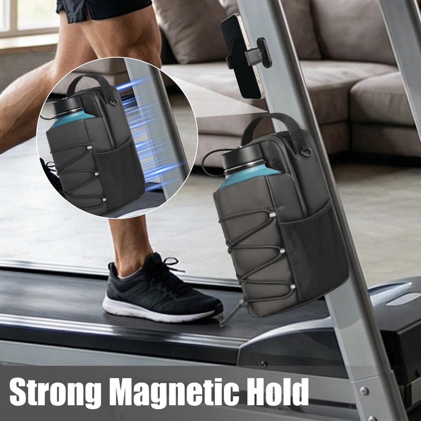 Magnetic Gym Water Bottle Bag with Phone Holder for Men, Magnetic Gym Bag Attaches to Equipment, Holds Water Bottle, Phone & Essentials for Workout, Training & Fitness