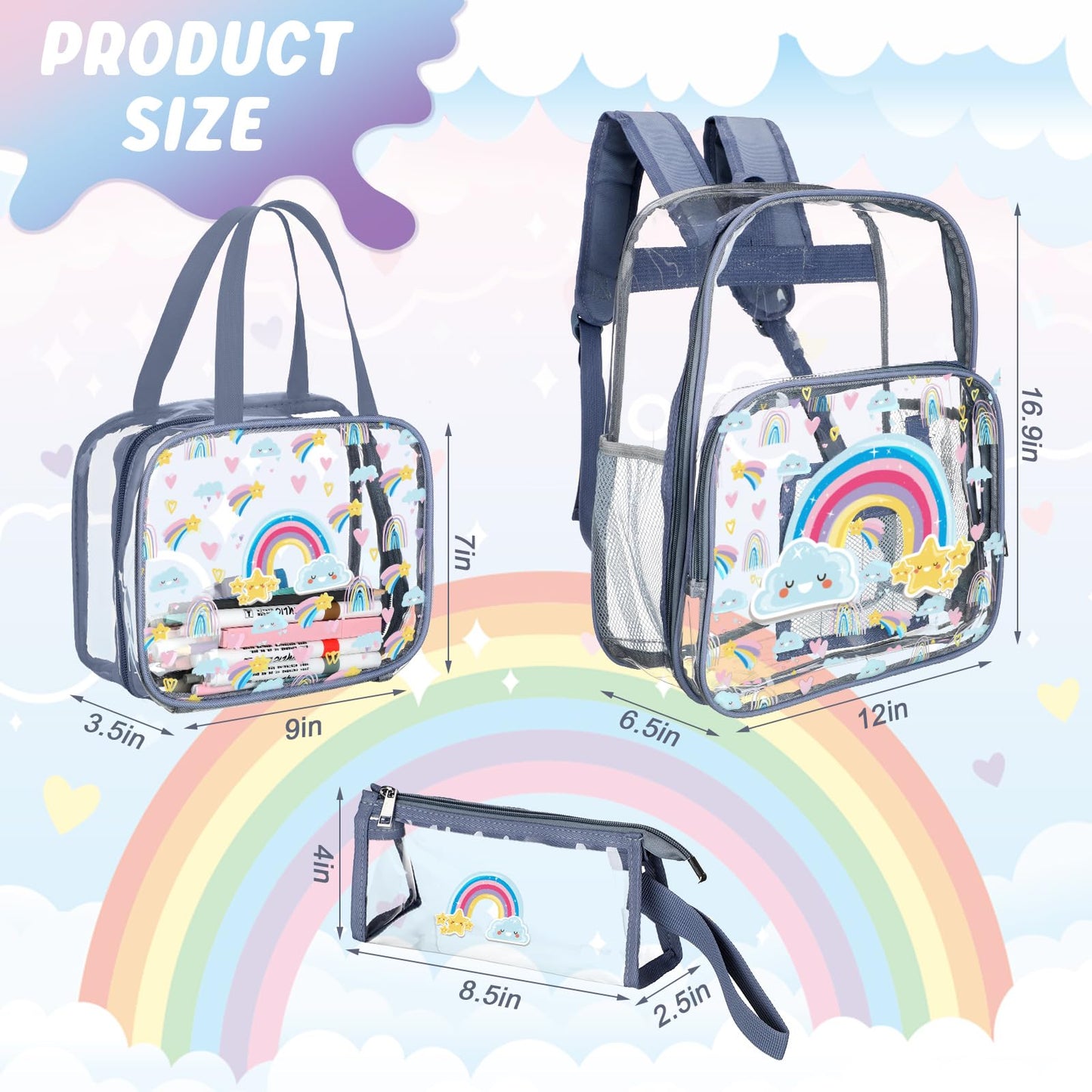 Kacctyen 3 Pcs Clear Backpack for Heavy Duty Clear Stadium Bag Transparent Backpack with Lunch Bag(Blue Purple,Rainbow)