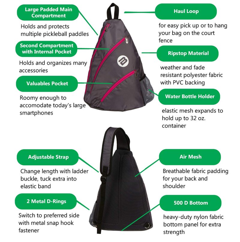 BESTA Premium Pickleball Bag. Padded Sling Bag with 3 Compartments, Water Bottle Holder and Adjustable Strap that Switches Sides. Holds Several Paddles, Balls and More. (Gray with Pink Trim)