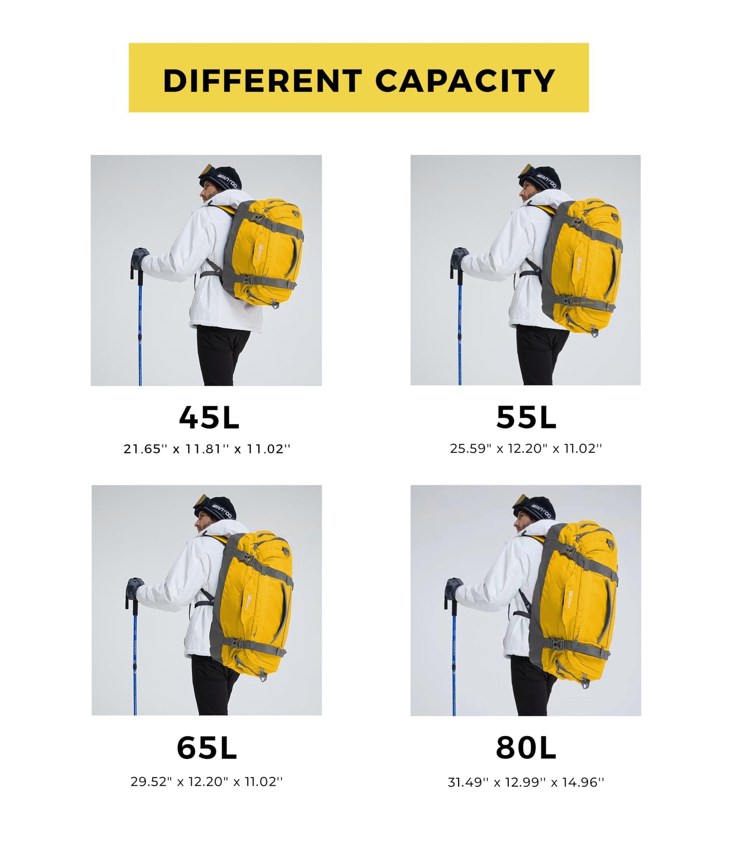 Ubon Heavy Duty Duffle Bag Gym Sport Bags with Convertible Backpack Straps (Yellow,65L)
